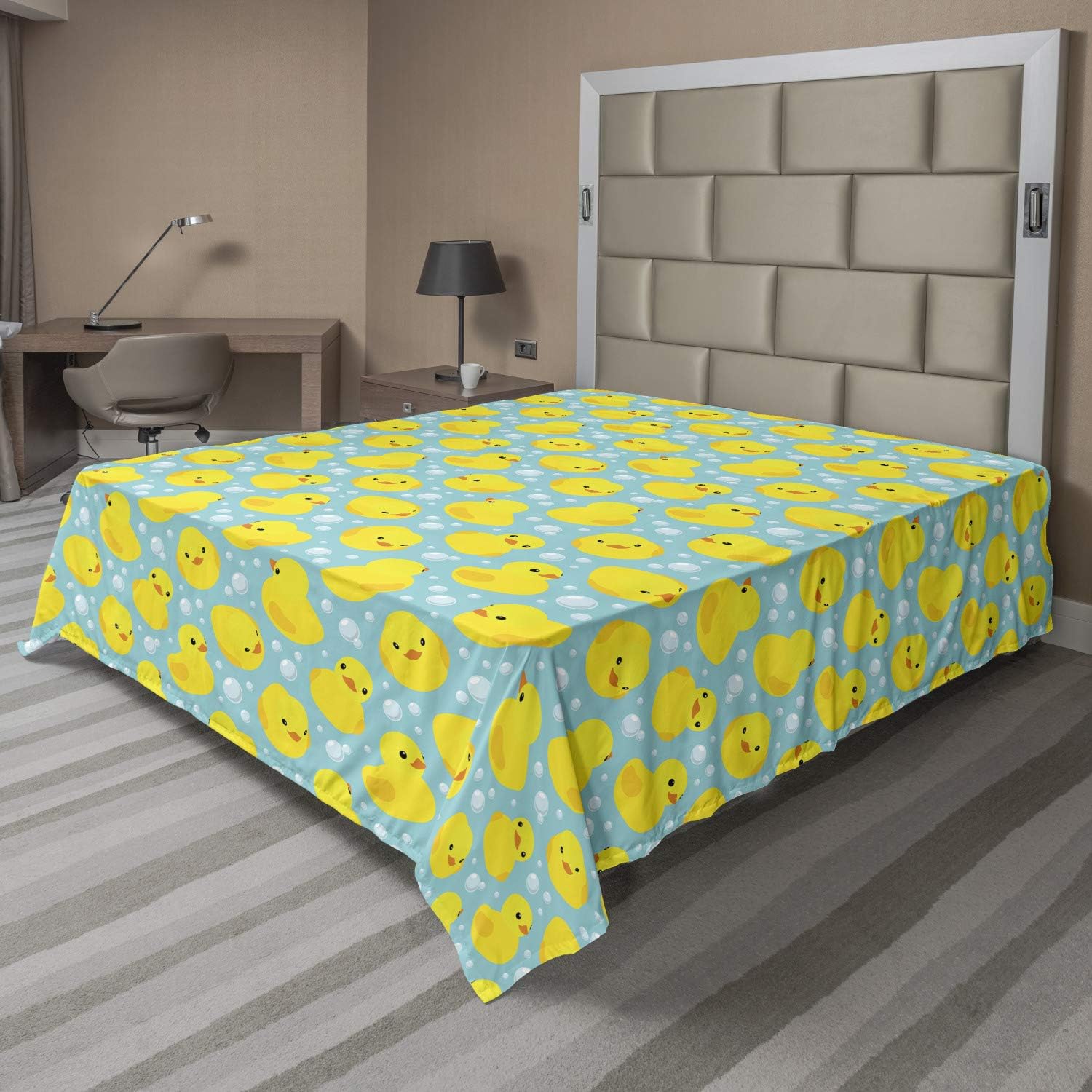 Ambesonne Rubber Duck Flat Sheet, Rubber Ducks on Water Inspired Backdrop Bubbles Funny Pattern, Soft Comfortable Top Sheet Decorative Bedding 1 Piece, Queen Size, Turquoise Orange