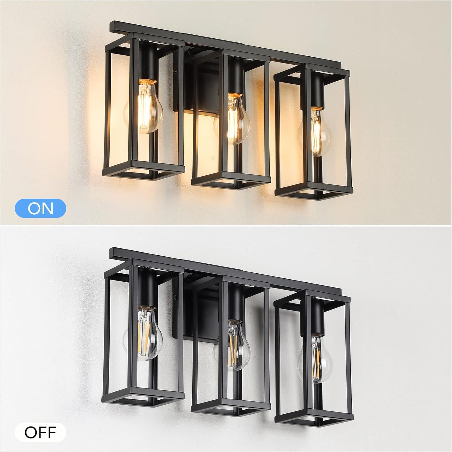 ShineTech 3-Light Bathroom Light Fixtures, Farmhouse Vanity Lights with Metal Cage, Black Bathroom Vanity Light, Anti-Rust Wall Lamp, Bathroom Light for Mirror, Cabinet, Kitchen, Living Room, Bedroom
