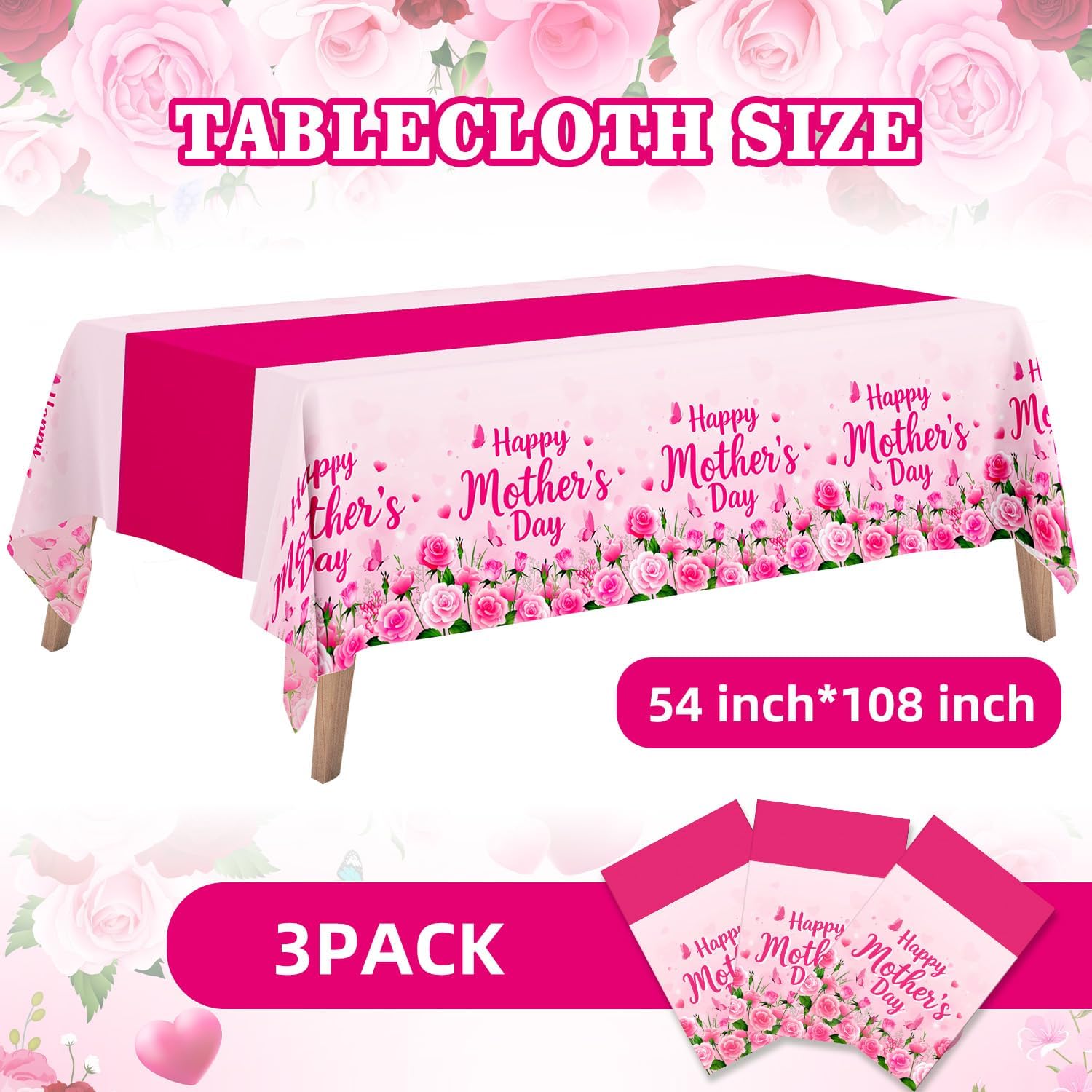 3-Pack Mother's Day Tablecloth, Mothers Day Party Decorations, 54" x 108" Pink Flowers Plastic Disposable Table Covers,Mother's Day Party Supplies image 3