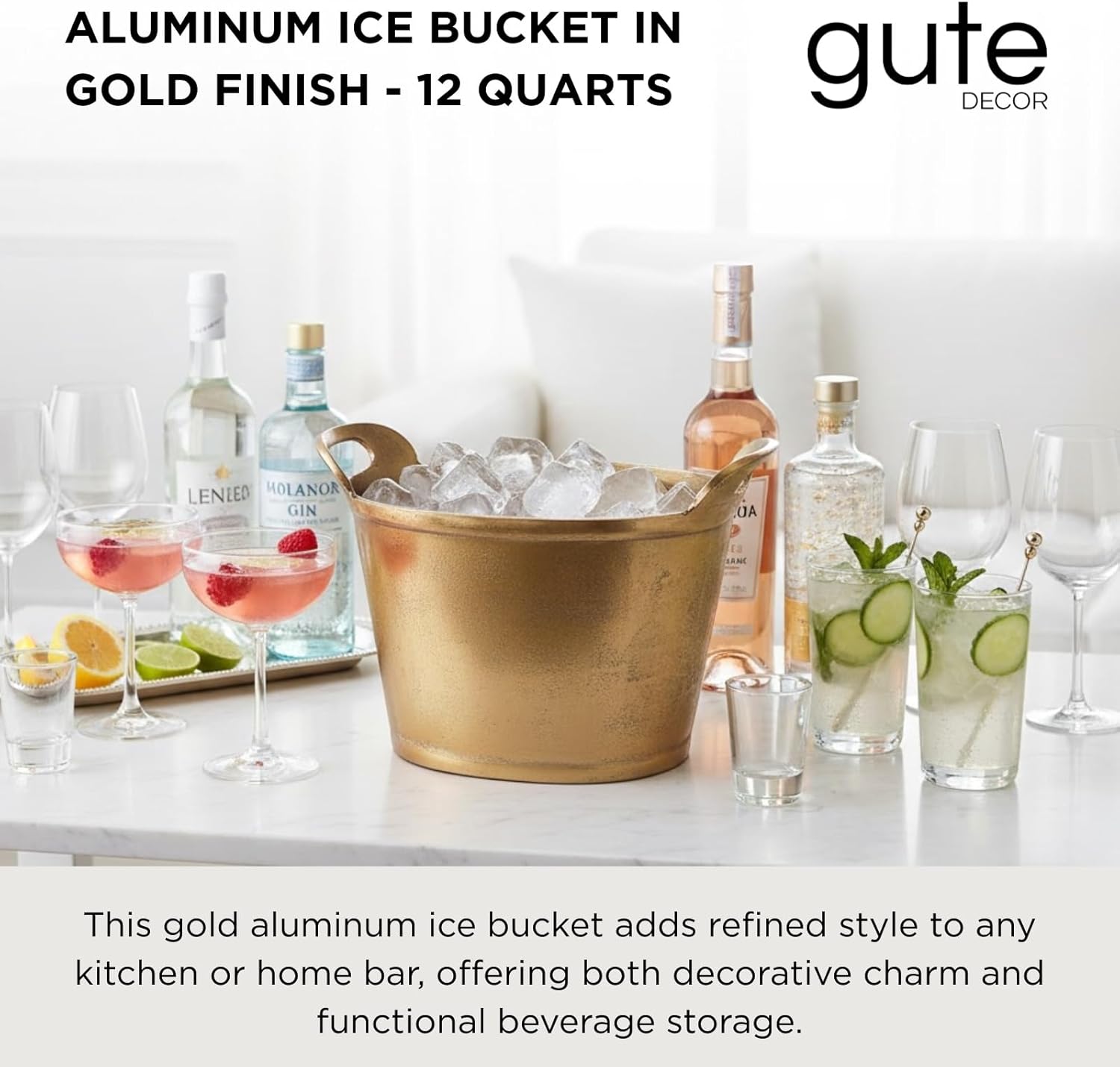 Solid Bronze Gold 12-Quart Double-Walled Insulated Ice Bucket & Champagne Cooler (13.4" x 9.45") | Premium Modern Barware Accessory Beverage Tub Wine, Beer, Drinks, Parties, Celebrations, Entertaining