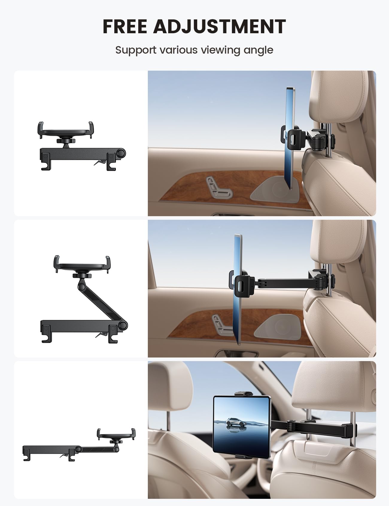 Lamicall Support Tablette Voiture pour Appuie-tête - [Verrouillable] [2026 Bras Extensible Biaxial] 360° Rotation, Support pour iPad Pro, Air, Mini, Switch, Autre 4,7 à 13" Téléphones et Tablette