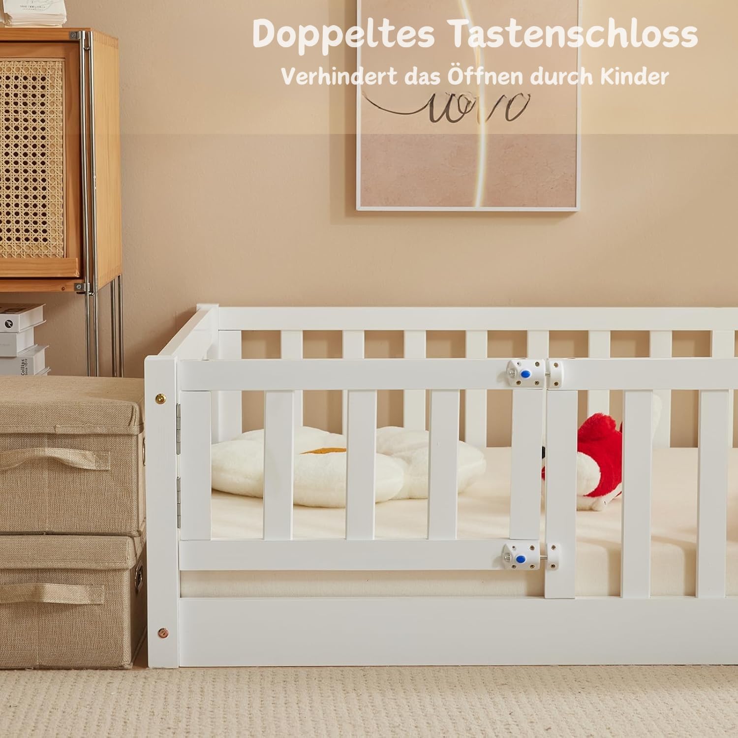 LALAHO Montessori - Lettino da pavimento 2 in 1, con uscita laterale, 90 x 200 cm, protezione dalle cadute e rete a doghe, trasformabile dalla culla al letto dei ragazzi, 2 misure, portata 300 kg