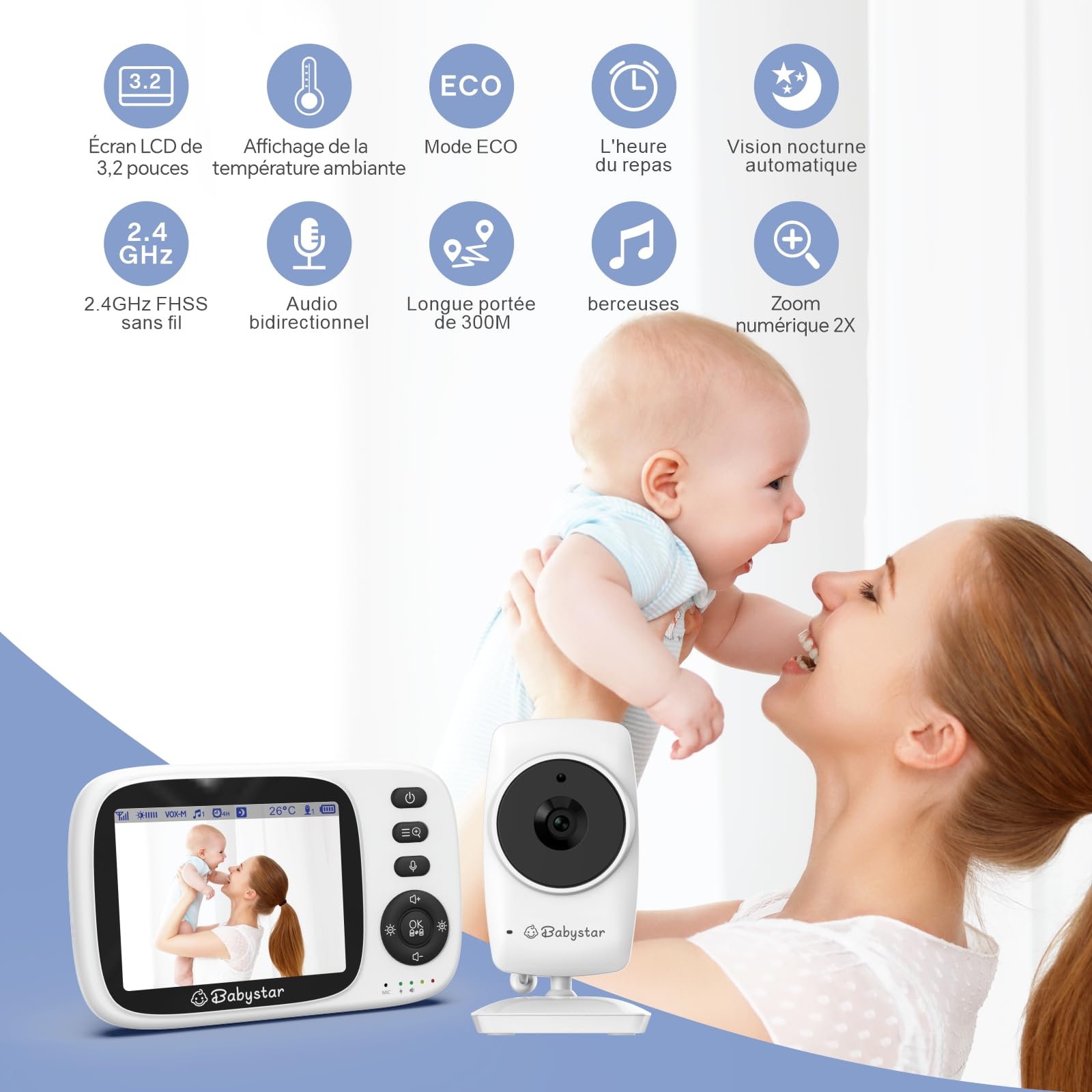 Babystar Babyphone avec caméra, babyphone vidéo sans Fil, Vision Nocturne, Surveillance de la température, Module Audio VOX bidirectionnel, 2,4 GHz, idéal pour Les Parents