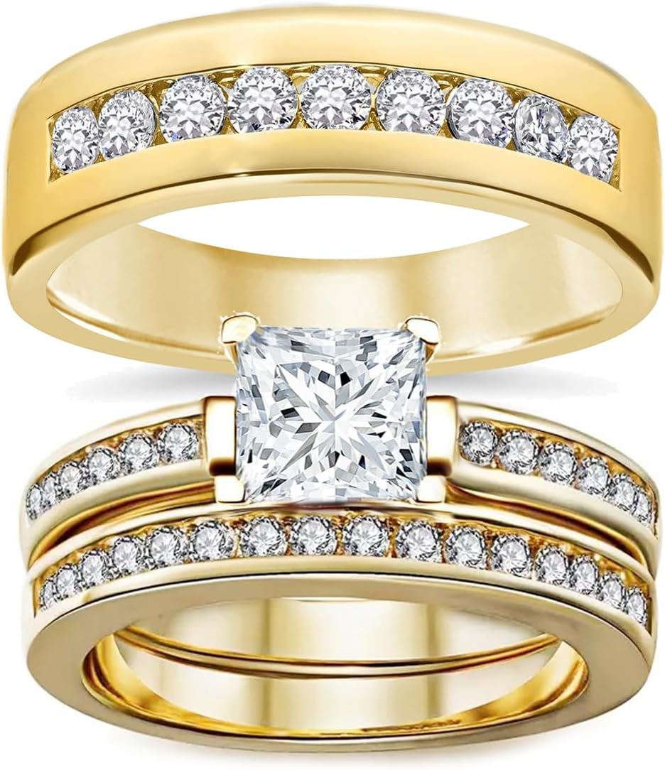 1-3 Carat Moissanite Couple Wedding Bands Ring Set for Women and Men Couple Matching S925 Silver 10K 14K 18K Gold Engagement Rings Sets 3pcs Bridal Rings Set for Her and Him Free Engraving