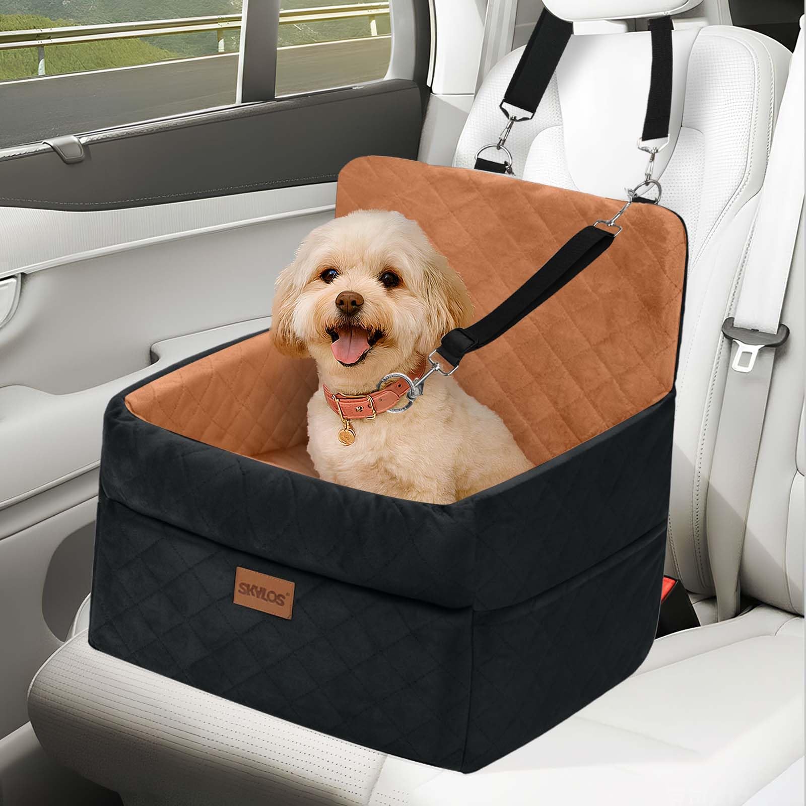 Small Dog Car Seat, Elevated Dog Booster Seat for Small/Medium Dogs Up to 16KG, Puppy Car Bed with Thick Cushion, Washable Pet Travel Carrier Bed with Detachable Cover and Storage Pockets (Brown)