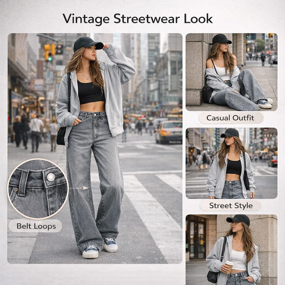 Women’s Wide Leg Baggy Jeans Mid Rise Straight Leg Denim Pants Vintage Casual Streetwear Y2K Style Jeans