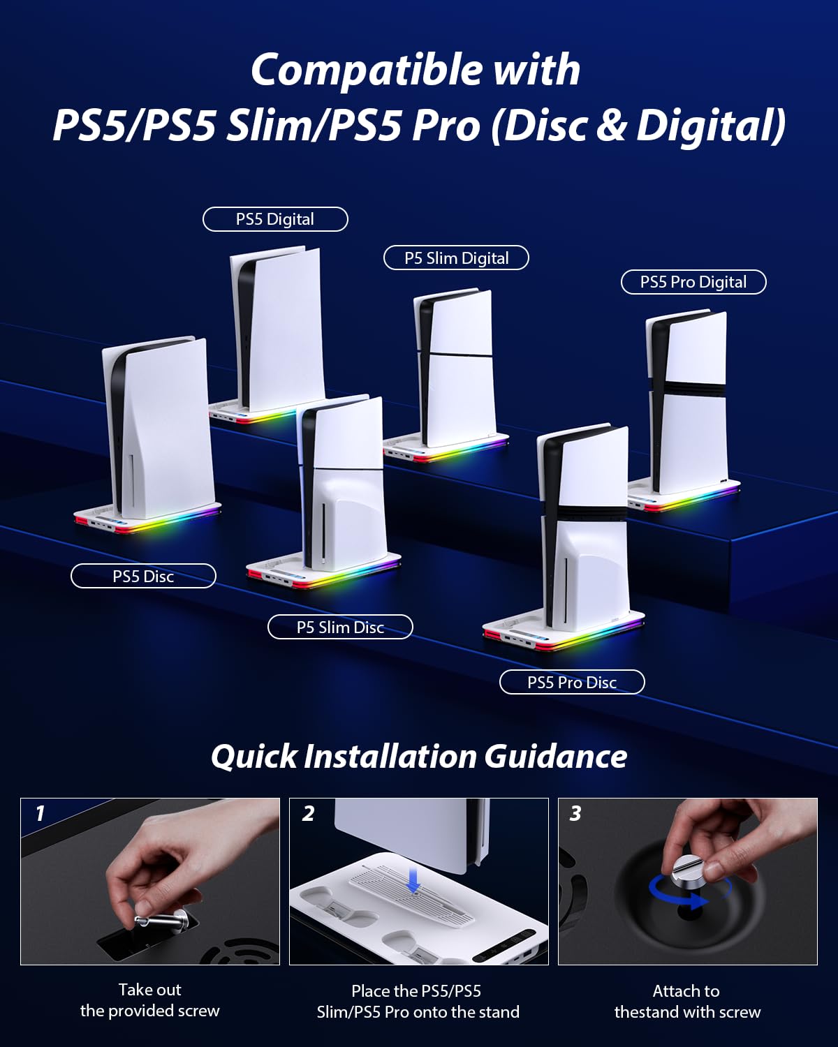 Soporte para PS5/PS5 Slim/PS5 Pro con Ventilador de 3 Velocidades, PS5 Soporte Vertical con 8 Luces RGB y Estación de Carga de Dual Dontrolador 4 Puertos Ranuras de 6 Juegos, Accesorios para P5