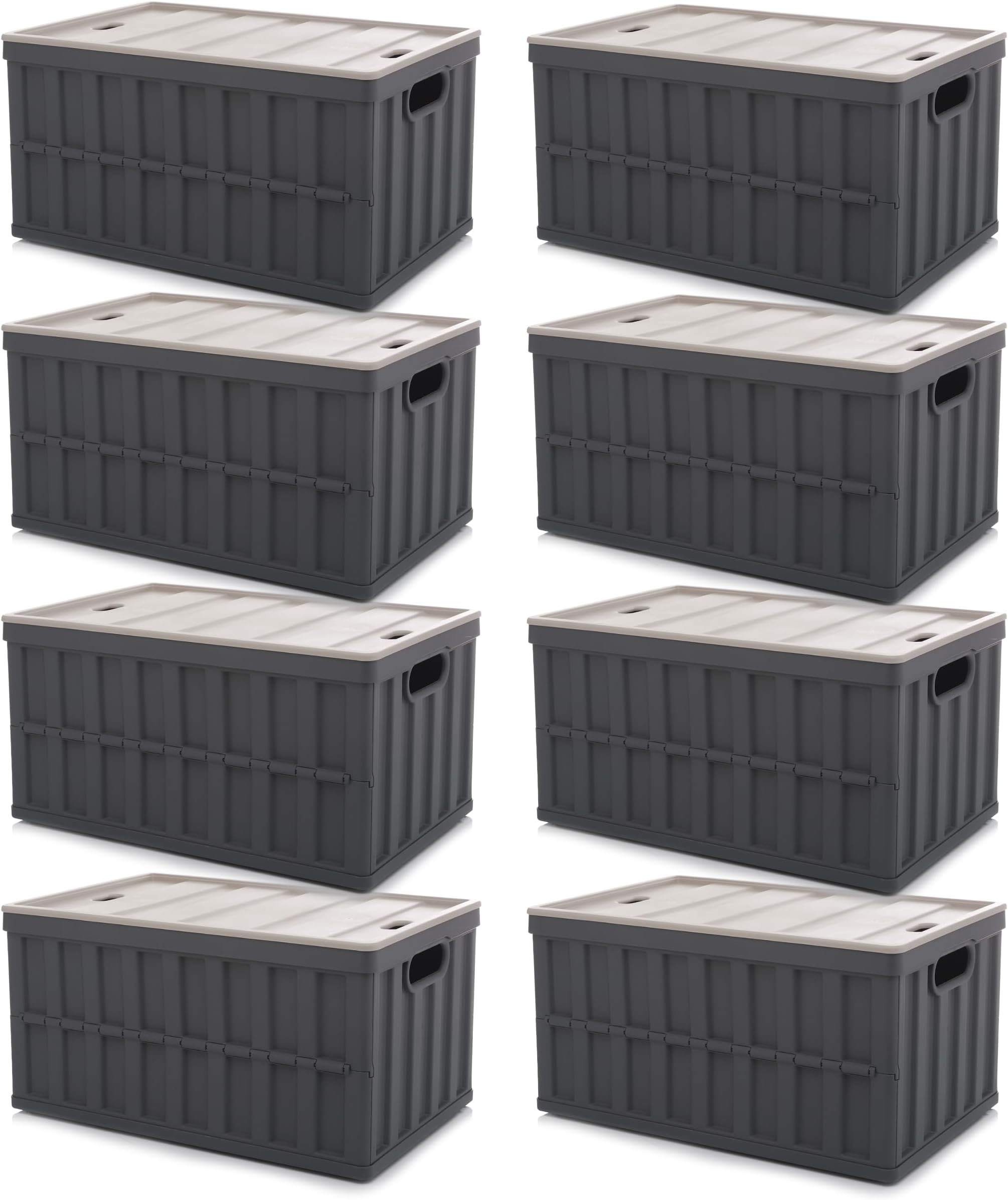 Bienvoun 64L 8 Pack Large Collapsible Plastic Storage Box Camping Storage Boxes with Lids Outdoor Stackable Folding Storage Box Plastic Box with Lid Storage (8 Packs * 64L, Grey)