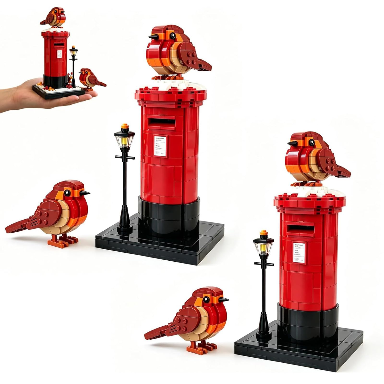 Vintage Postbox & Robin Brick Set, British Robin Red Postbox Building Blocks Set, 400+ Pieces Standard Bricks, Christmas Remembrance Memorial Gift for Bird Lovers and Collectors (2PCS)