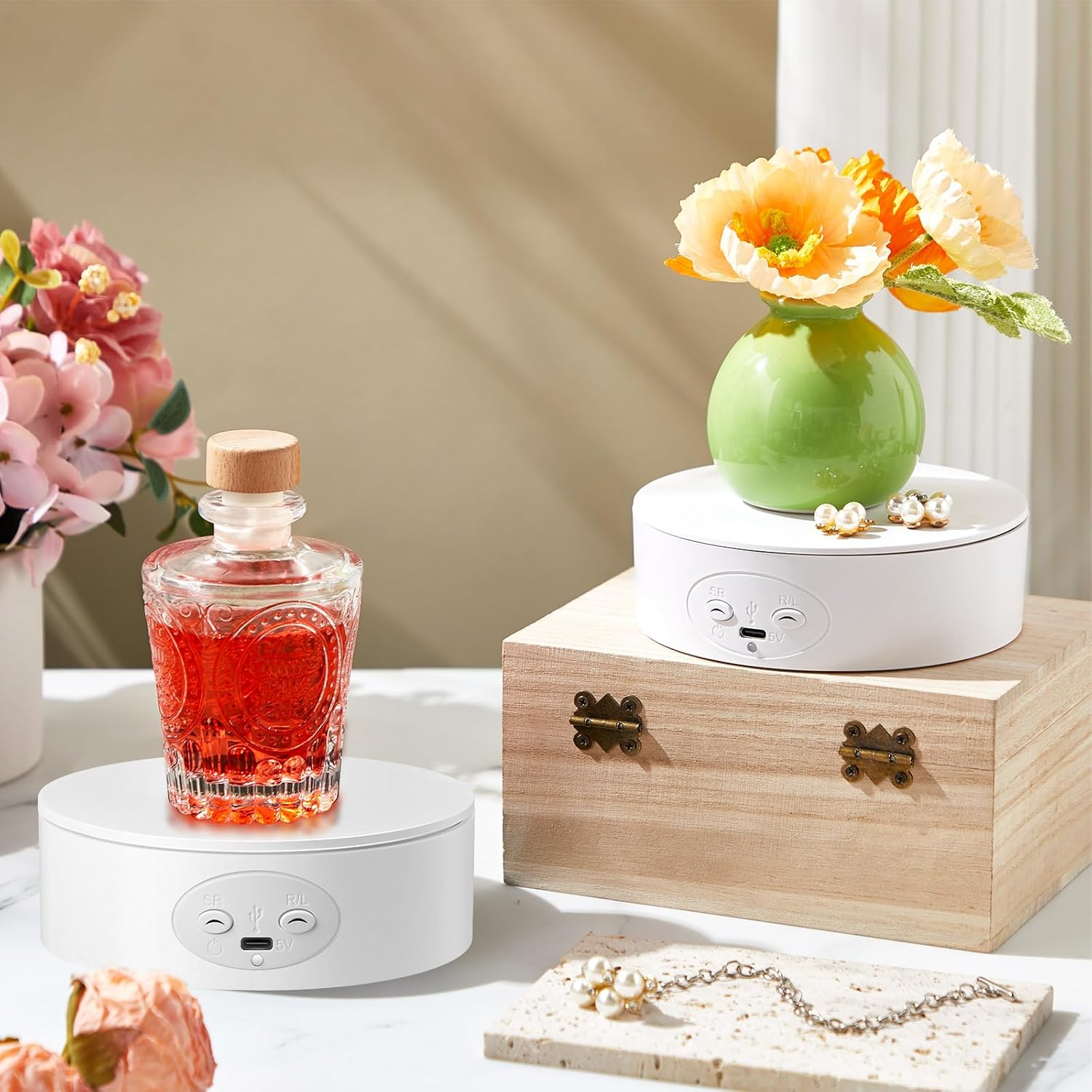 Pickmesh 4 Pcs Turner Cup Rotating Display Stand 360 Degree Rotating Turntable for Epoxy Glitter Tumbler Display Automatic Spinning Rotating Platform Mute Photography Turntable for Art(White)