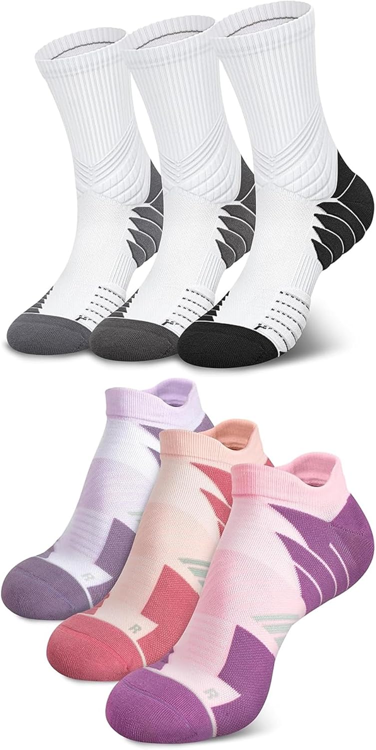 Hylaea 6 Pairs Running Socks for Men, Coolmax Anti-Blister Cushion Socks for Athletic, Moisture Wicking & Seamless Size L Light Grey Dark Grey Black & Pink Purple Red