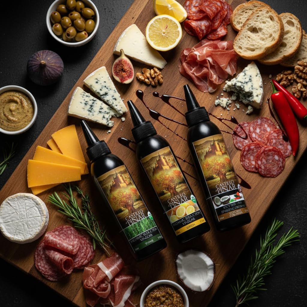 Castillo de Pinar 3-Pack Bundle - Thyme Balsamic Reduced Vinegar (150ml), Lemon Reduced Vinegar (150ml) and Coconut & Coriander Spicy Peri-Peri (150ml) USDA Certified Organic Non GMO