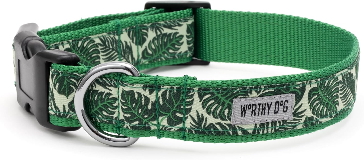 THE WORTHY DOG Collar for Small Dogs, Adjusts 9-15 inches, Durable Nylon Webbing, Quick Release Buckle, Tropical Leaves Pattern, Leafy Green, Small