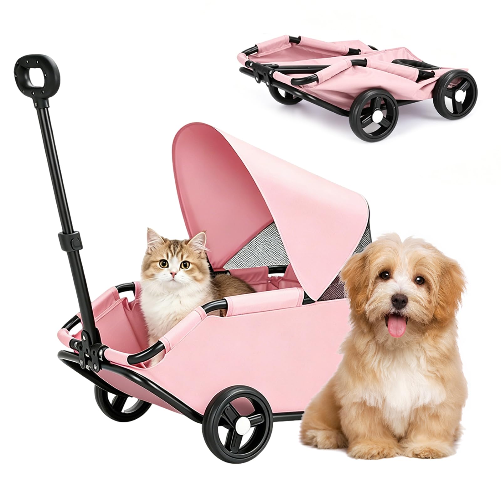 Carrito para Perros Plegable, Cochecito para Mascotas 4 Ruedas con Barra de Empuje Ajustable Diseño Abierto Cojín Bolsa de Almacenamiento