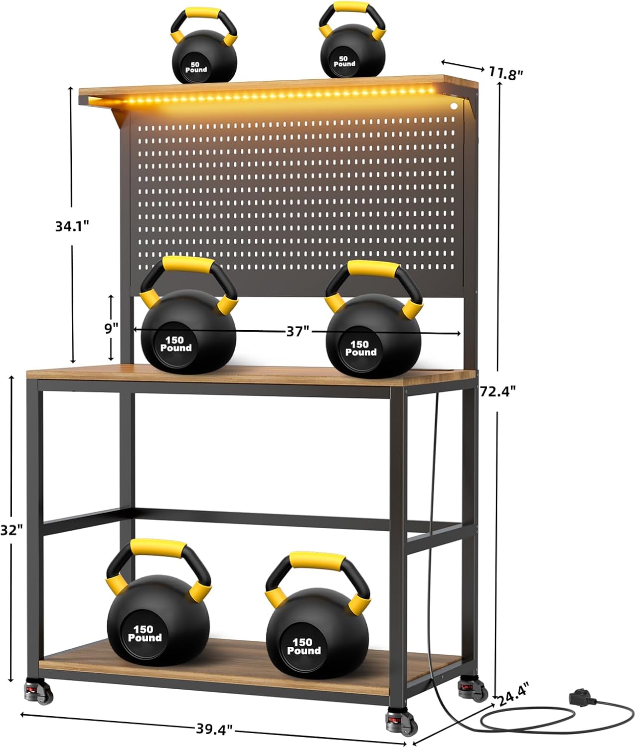 3D Printer Stand with Filament Storage Workstation, Large Mobile 3D Printer Workbench with AC/USB Power Hub and LED Lights, Heavy Duty Printer Desk with Pegboard for Studio Garage,Brown,Big