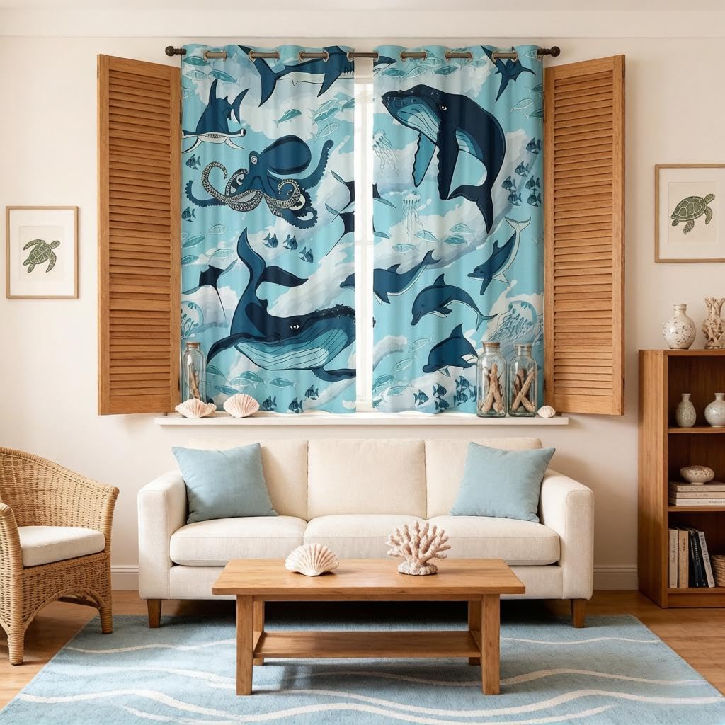 Loussiesd Whale Dolphin Window Curtains for Bedroom Kids Boys Girls Marine Ocean Theme Curtain Sea Animal Print Blackout Curtains Underwater World Darkening Thermal Drapes 2 Panel Set W46*L54
