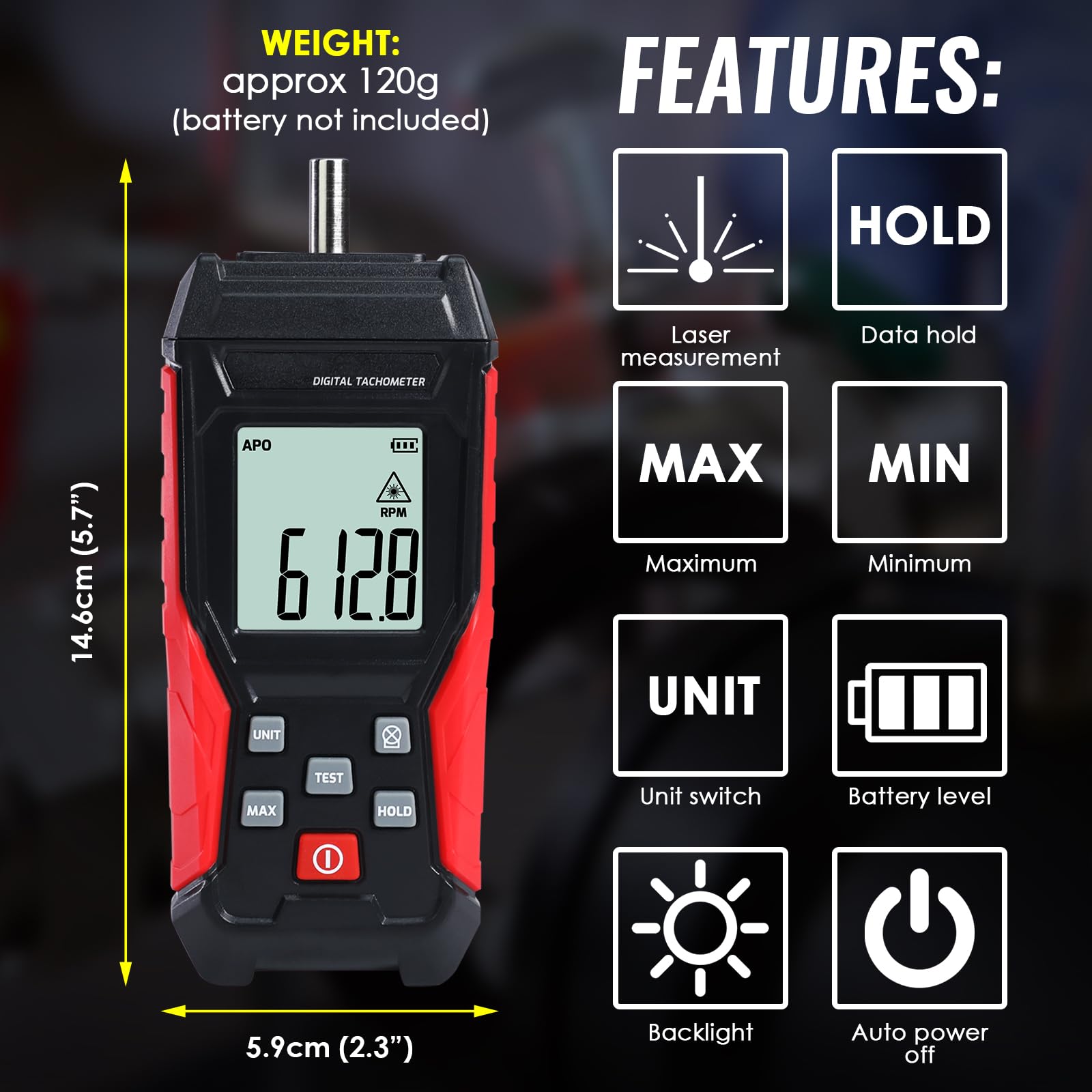 Tacómetro digital de modo dual con medidor de RPM y sin contacto, con pantalla LCD retroiluminada, retención máxima/mínima, 3-99999RPM + 10 cintas reflectantes para probador de velocidad fotográfica
