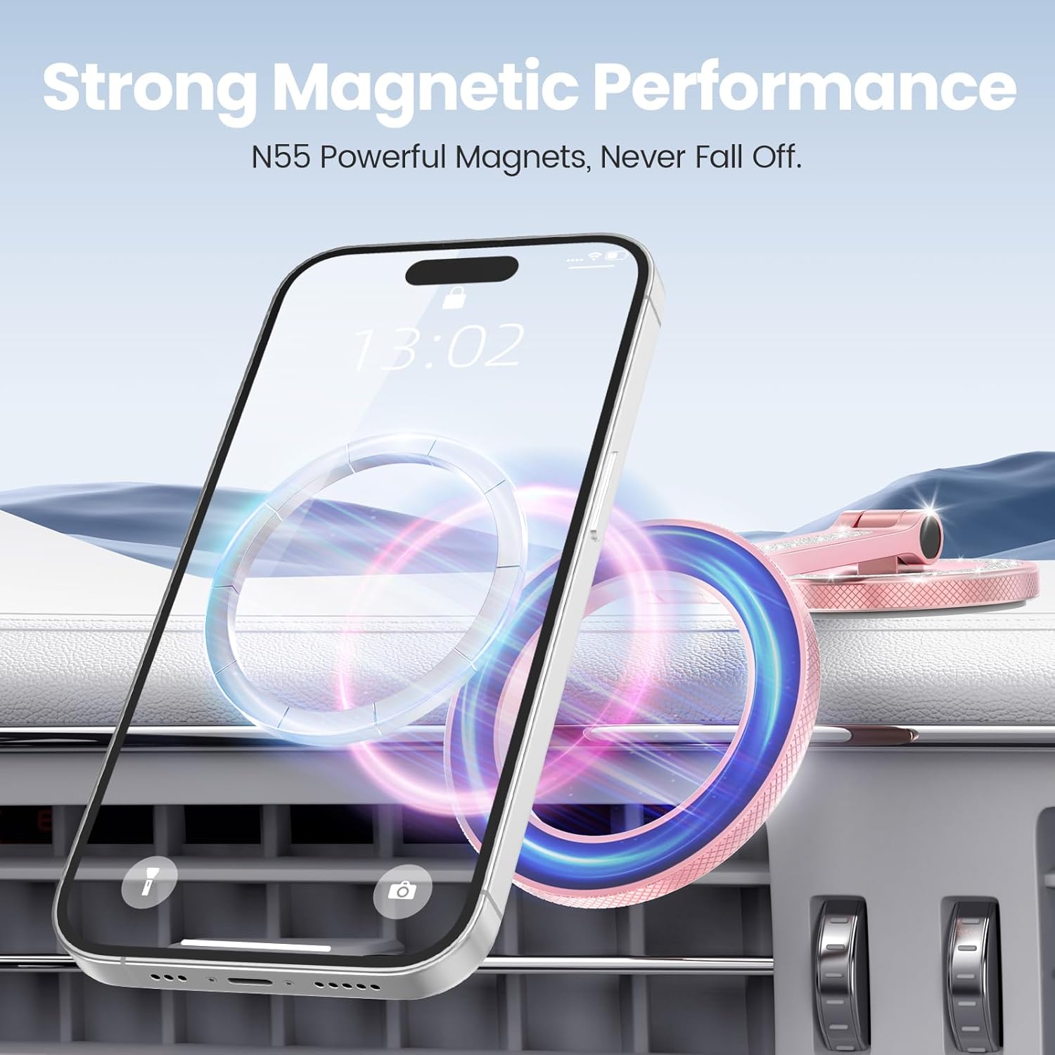 for MagSafe Car Mount, Magnetic Phone Holder for Car, Car Phone Holder for Dashboard and Tesla Screen, Made of Aluminum Alloy. (Glitter Pink)