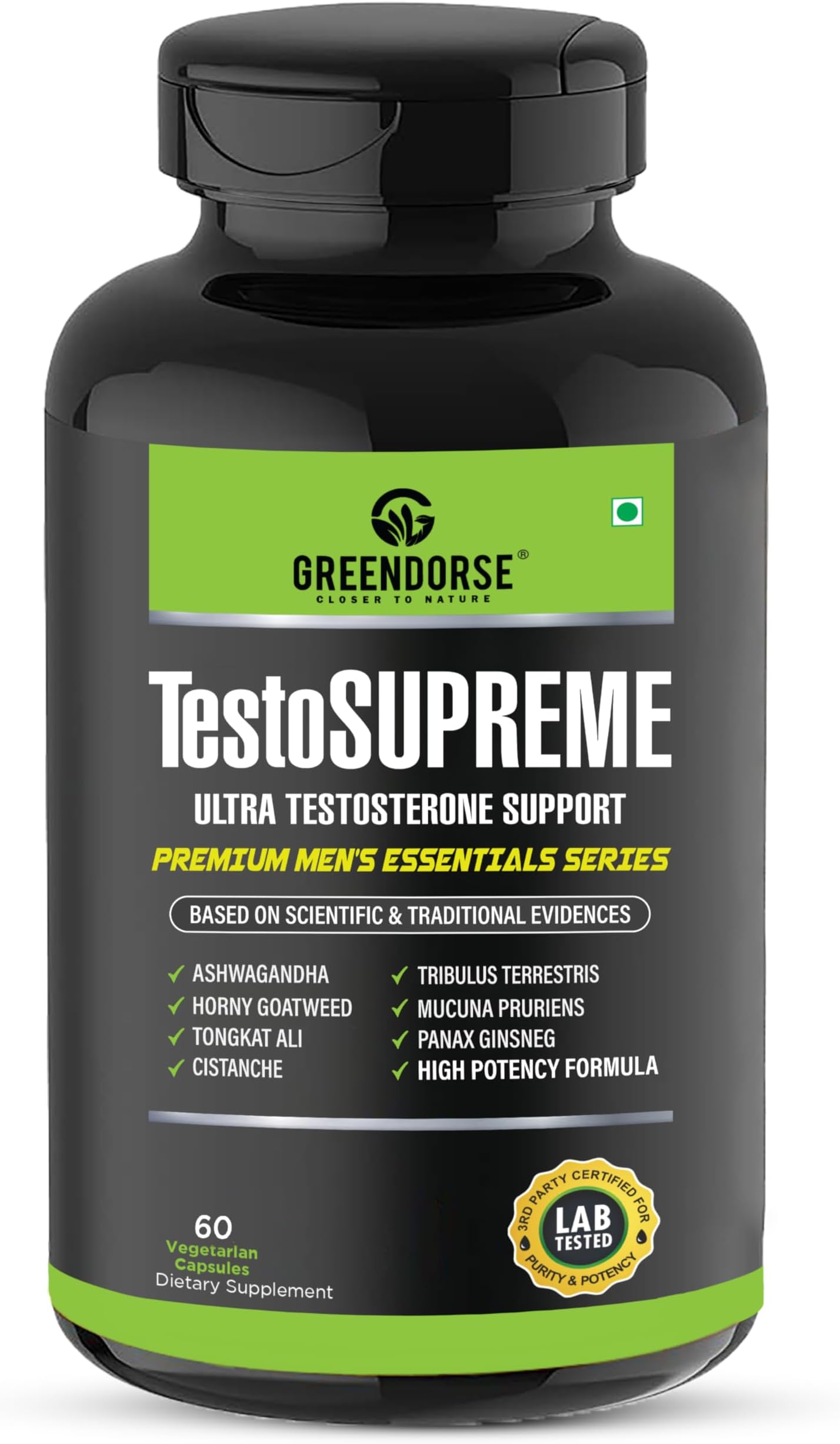 GREENDORSE TestoSUPREME Testosterone Supplement with Tongkat Ali, Ashwagandha, Cistanche, Horny Goatweed, Tribulus, Mucuna pruriens & Ginseng| Lab Tested Powerful Supplement for Men to Improve Performance, Muscle Strength, Stamina - 60 Veg Capsules