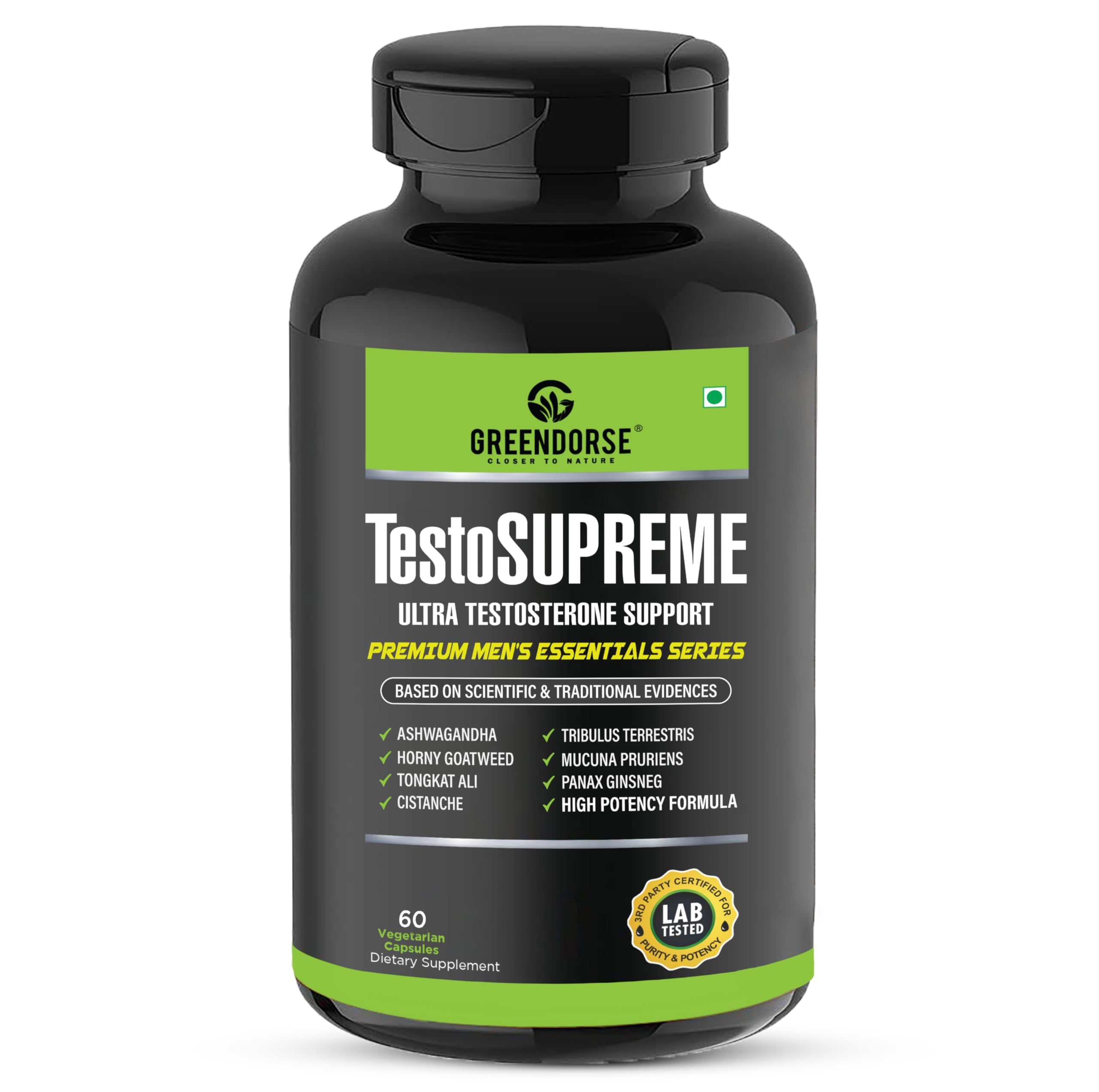 GREENDORSE TestoSUPREME Testosterone Supplement with Tongkat Ali, Ashwagandha, Cistanche, Horny Goatweed, Tribulus, Mucuna pruriens & Ginseng| Lab Tested Powerful Supplement for Men to Improve Performance, Muscle Strength, Stamina - 60 Veg Capsules