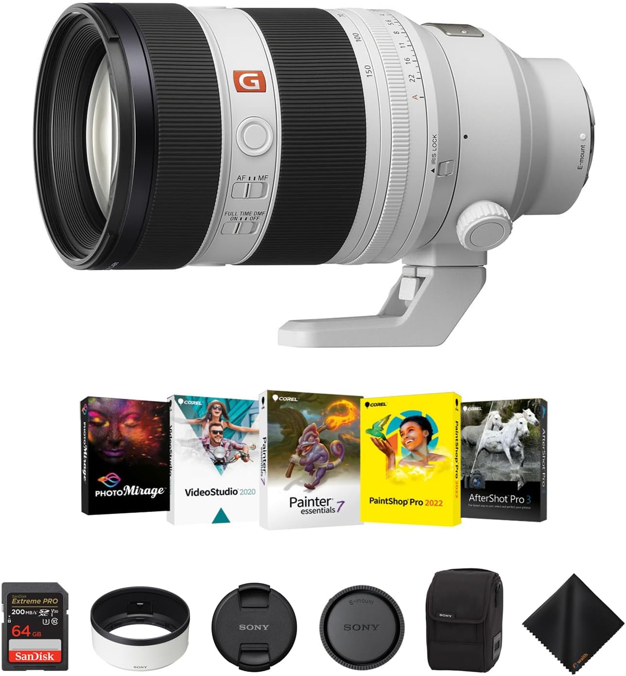 Sony FE 50-150mm f/2 GMaster Lens for Sony E Mount - High-Speed Potrait Zoom Lens with 64GB Extreme PRO UHS-I SDXC Memory Card, Corel Software Kit & Cleaning Cloth - Essential Bundle