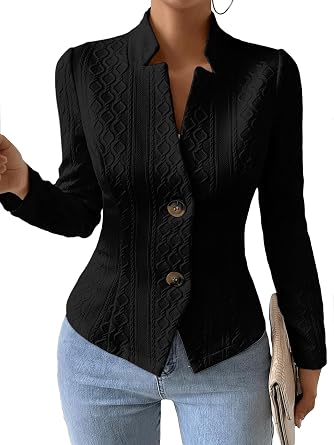 Mina Self 2026 Spring Womens Jacquard Sweater Blazer Jacket - Knit Slim Stand Collar V-Neck Full-Lined Petite Work Coat