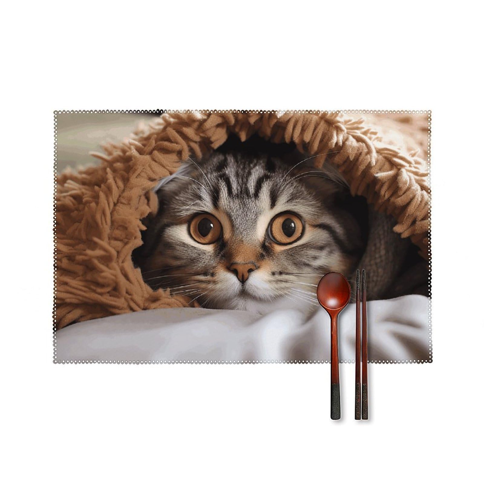 Cat Under Blanket Placemats Set of 6 Wipeable Table Mats for Kitchen Dining Table Heat Resistant Waterproof Modern Indoor/Outdoor Non-Slip Easy Clean Place Mats