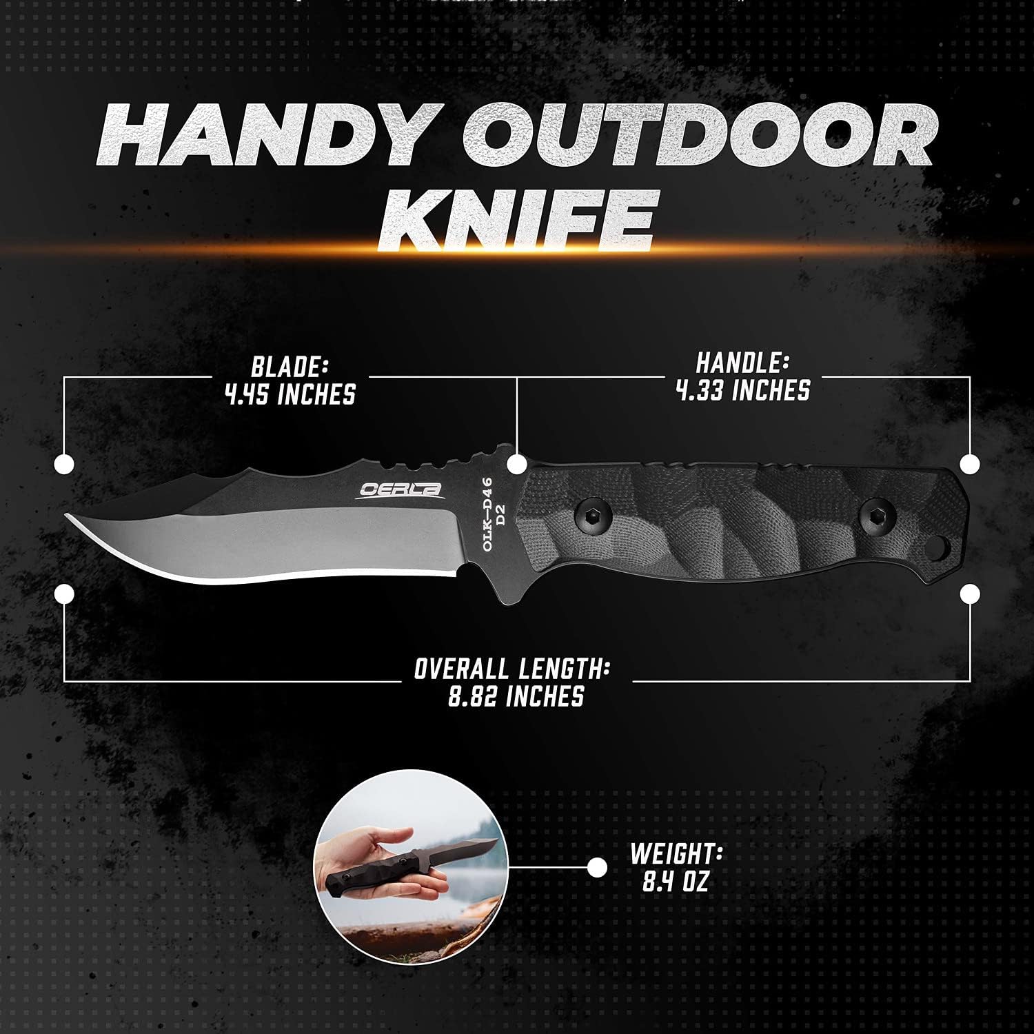 OERLA OLK-D46 Tactical Fixed Blade – D2 Steel Full Tang Survival Tool with Kydex Sheath & G10 Handle for Camping, Hunting, Bushcraft