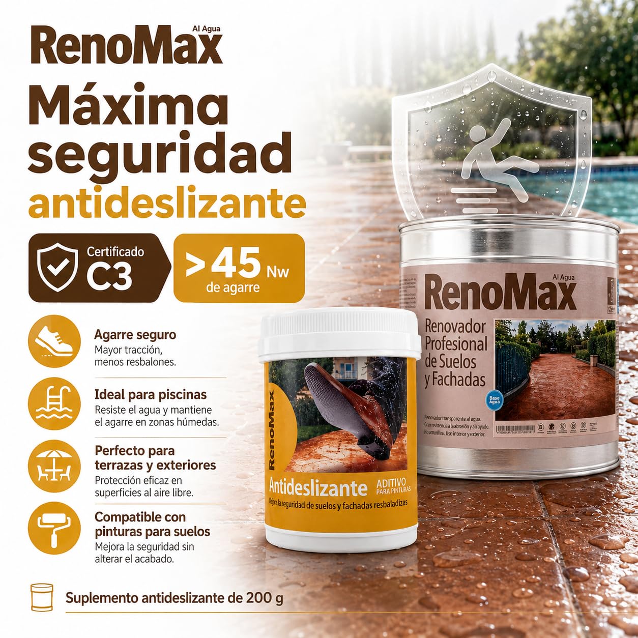 Renomax - Resina Hormigon Impreso y Superficies Porosas Al Agua + Aditivo Antideslizante en Polvo, 5L Cubre hasta 50m² | Repara y Protege Suelos,Fachadas | Garantía 5 Años, Certificado C3