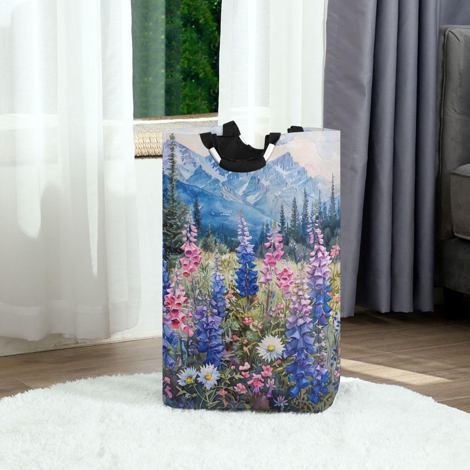Jihqo Laundry Hamper Basket Countryside Wildflowers Painting Collapsible Nursery Storage Bin Waterproof Clothing Baskets for Home Bedroom Bathroom Washing Room