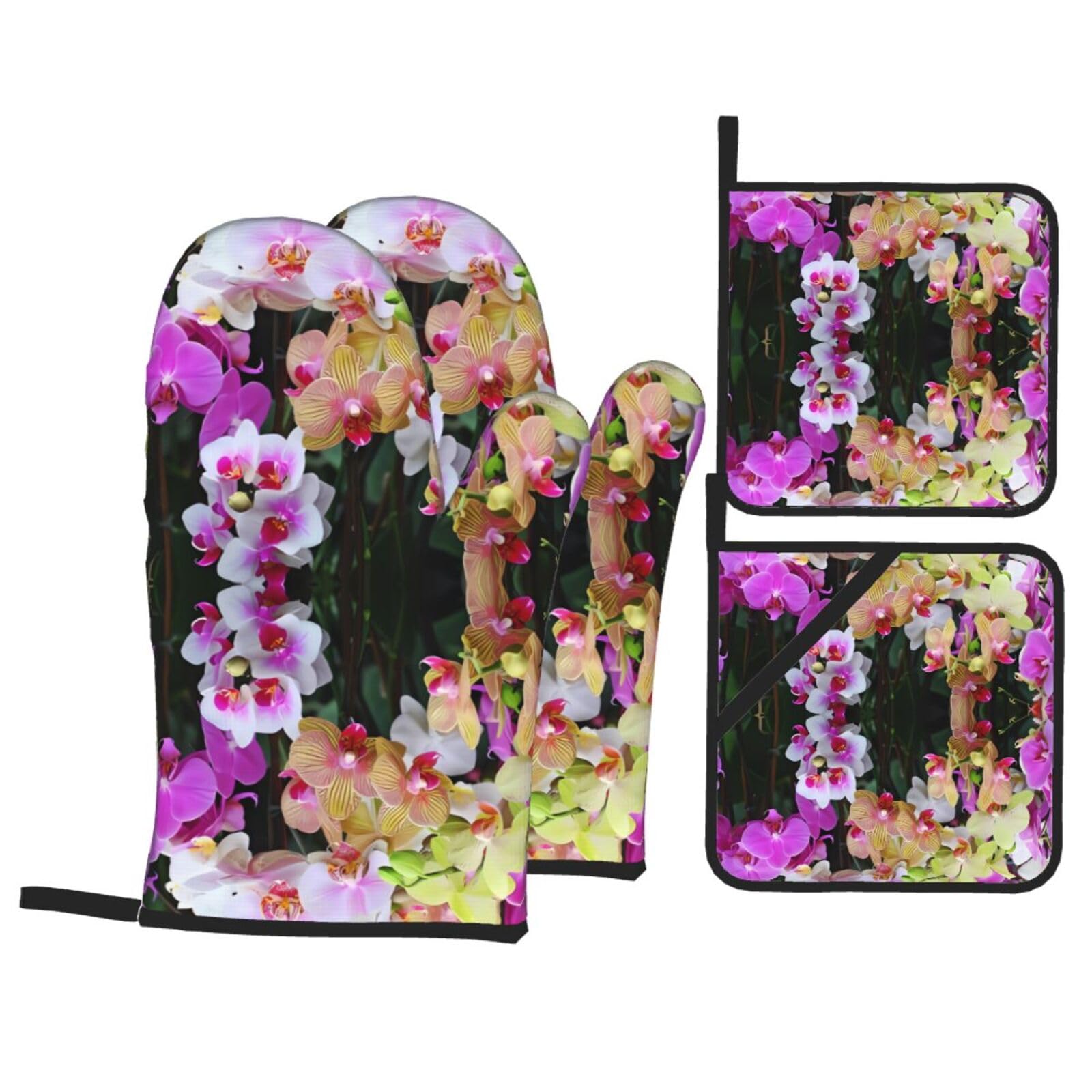 HJFCZH orchids Prints Kitchen Throw Set: Durable Oven Layers with Waterproof Polyester – 4 Piece Heat Protection System