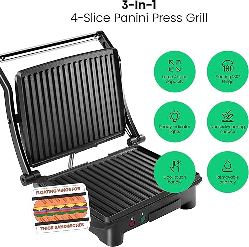 Miniatura 3 de Chefman Panini - Parrilla de prensa y sandwichera gourmet con revestimiento antiadherente, se abre 180 grados para adaptarse a cualquier tipo y
