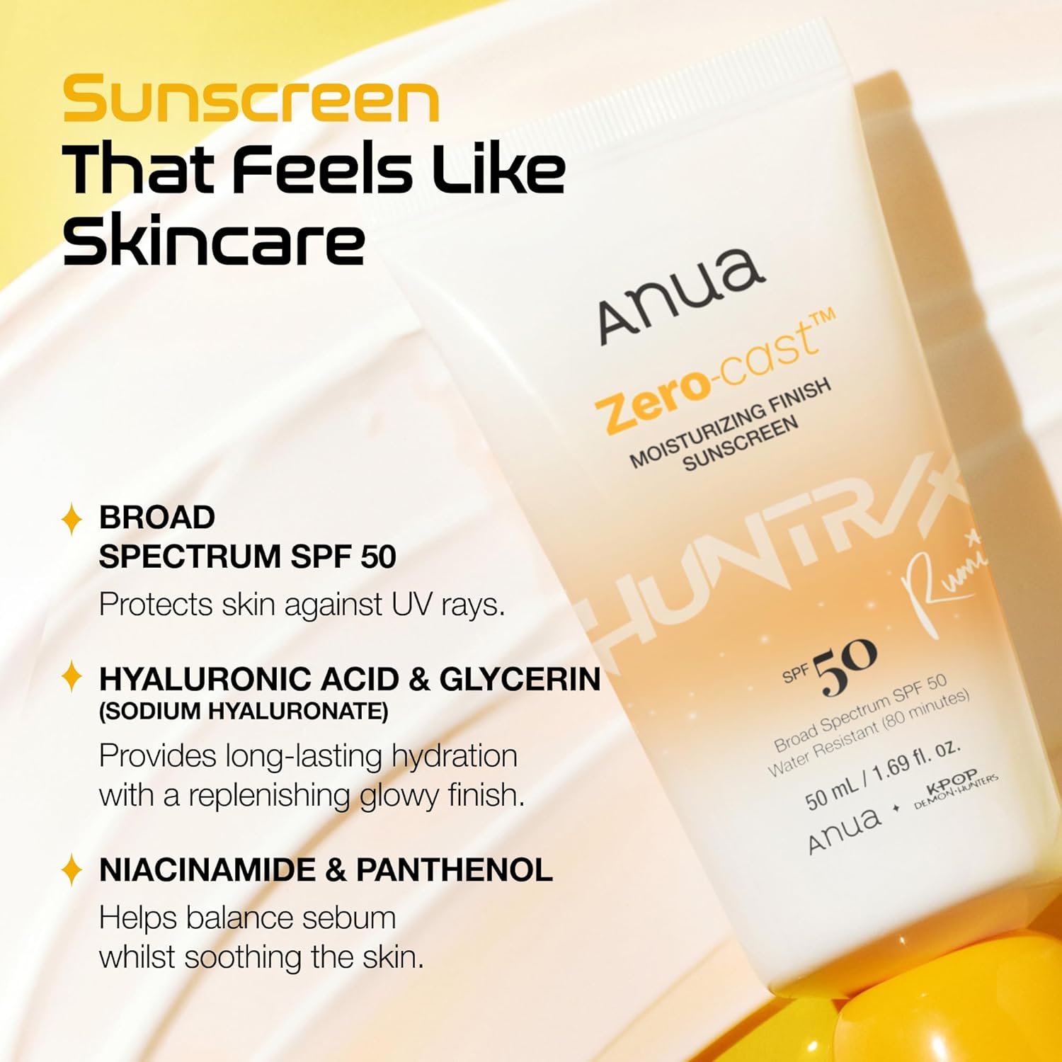 Anua, Zero-Cast Moisturizing Sunscreen SPF 50, Glow Natural Sunscreen for face, No White Cast, Hyaluronic Acid, Niacinamide, Oil-Free, KPop Demon Hunters, Korean Skincare, 1.69 fl oz - Image 3
