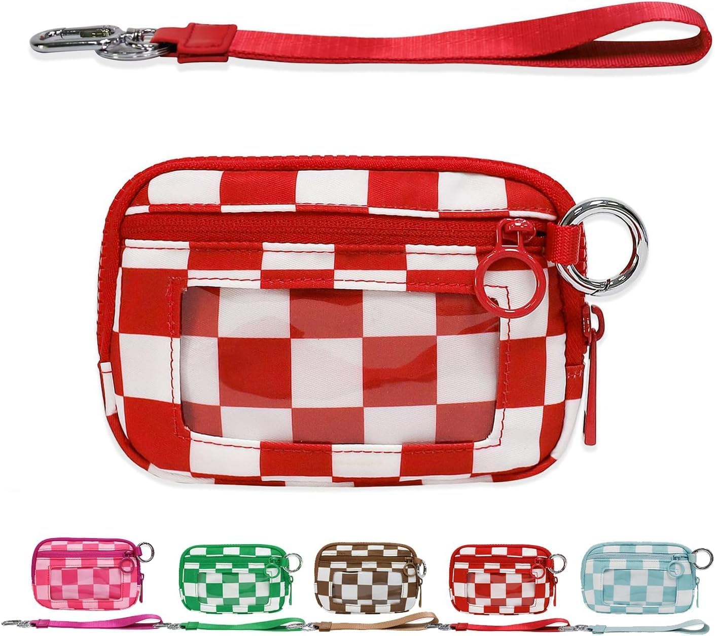 The Iris' Wallet 2nd Gen, The Iris Pouch Wristlet Zip Card Case with ID Window, Women's Waterproof Nylon Keychain Wallet (Red Lattice)