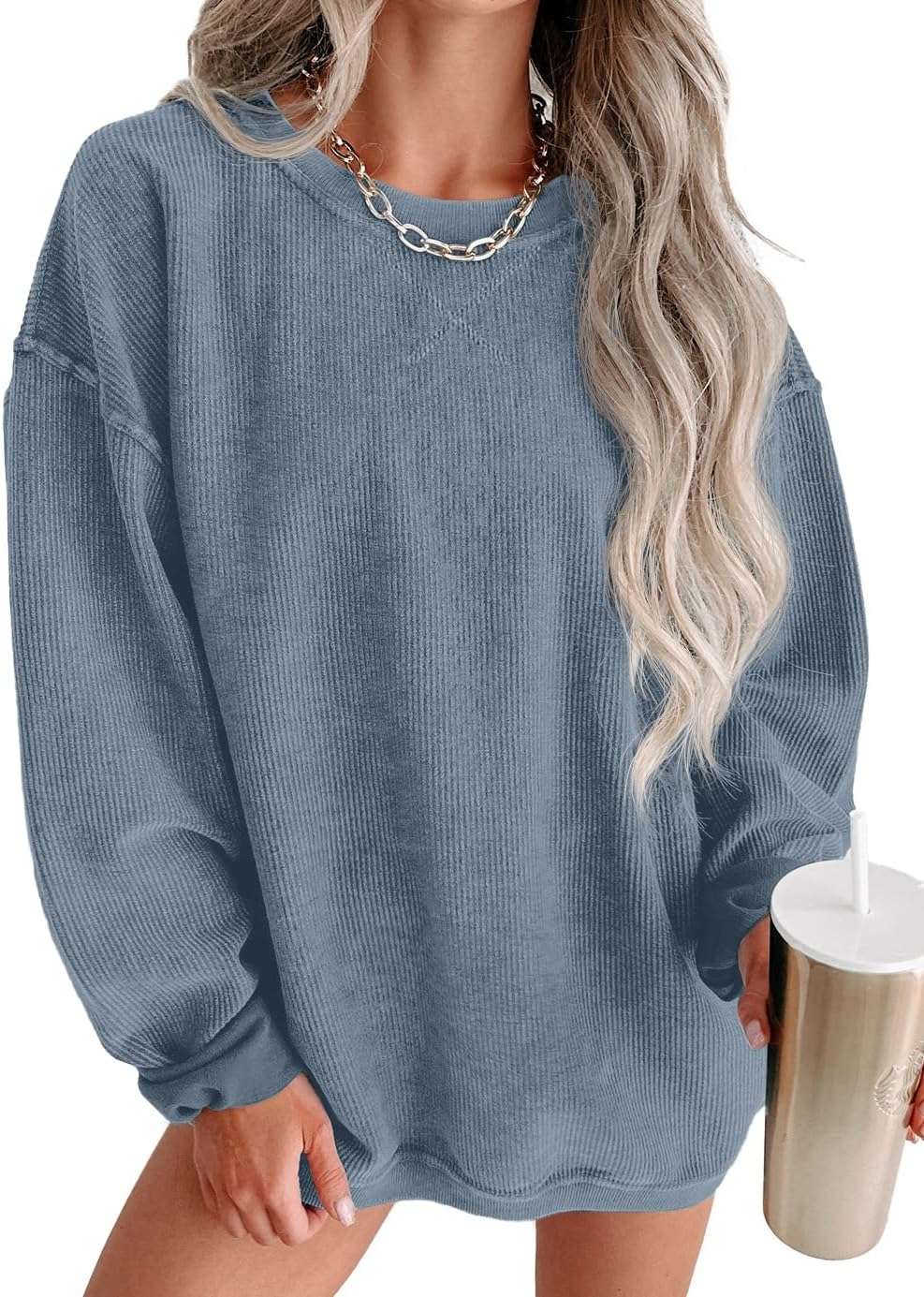 ONLYSTORY Womens Sweatshirts Casual Cored Corduroy Pullover Tops Oversized Long Sleeve Crewneck Shirts