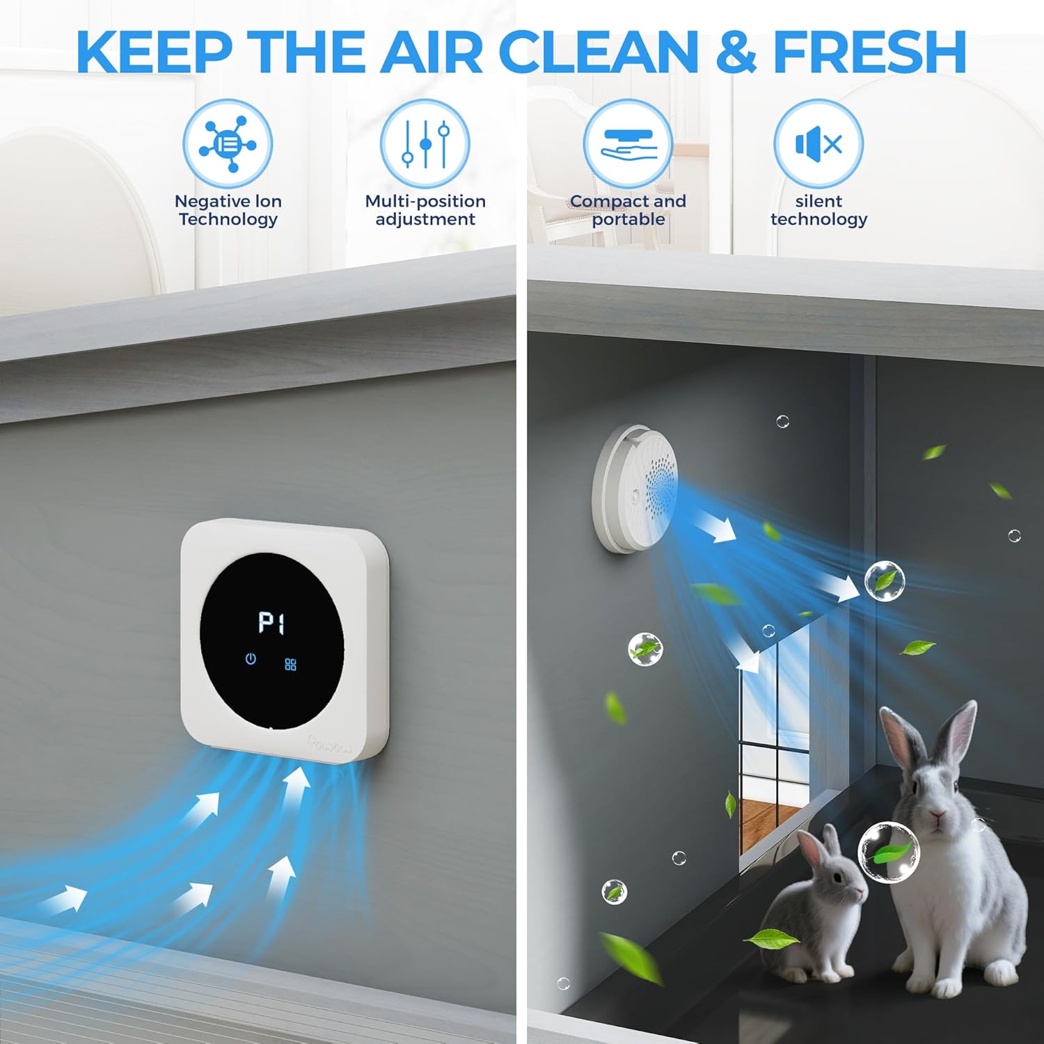 COZIWOW 39IN Heated Rabbit Hutch with Wheels, Insulated Indoor/Outdoor Bunny Cage House with Cleaning Tray, Sun Panel & Animal Pattern, Spacious Rabbit Cage for 1-2 Bunnies, (Grey & Air Purifier)