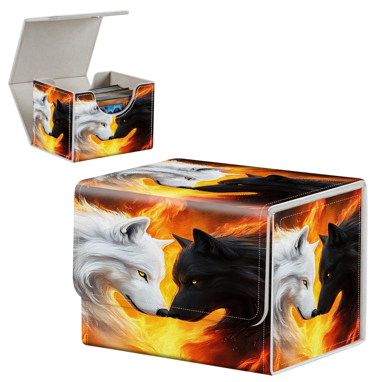 Deck Box for MTG/TCG/CCG,100+ Sleeved Card Holder,PU Leather 4.1×3.15×3.54 Trading Card Storage Box Case with Magnetic Closure,Quick Access for MTG Game Cards,Black White Wolves in Flames