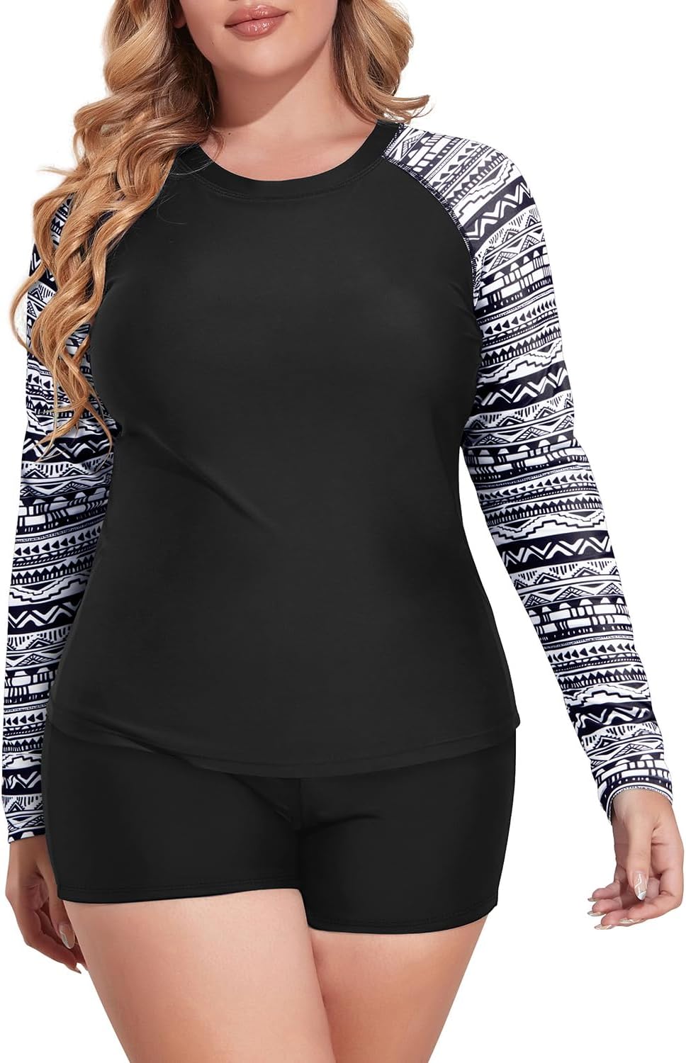 Daci Women Plus Size 2 Piece Long Sleeve Rash Guard Swimsuit Swim Shirts Top UPF 50+ with Boy Short Swimwear - Image 5