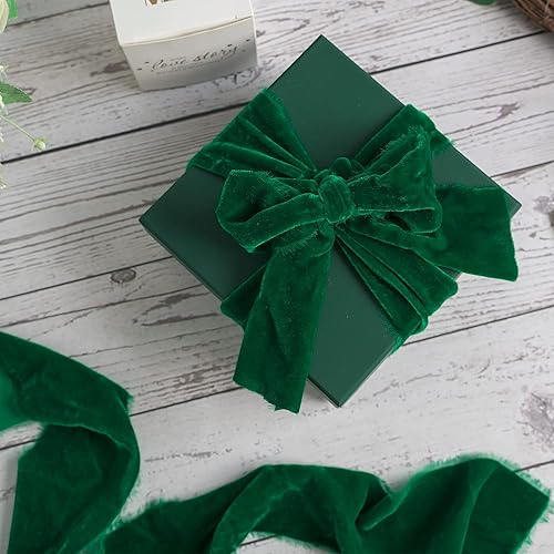 Miniatura 6 de MEEDEE Cinta de terciopelo verde esmeralda de 3 pulgadas, cinta de terciopelo verde con flecos, cinta de terciopelo de seda con borde crudo para