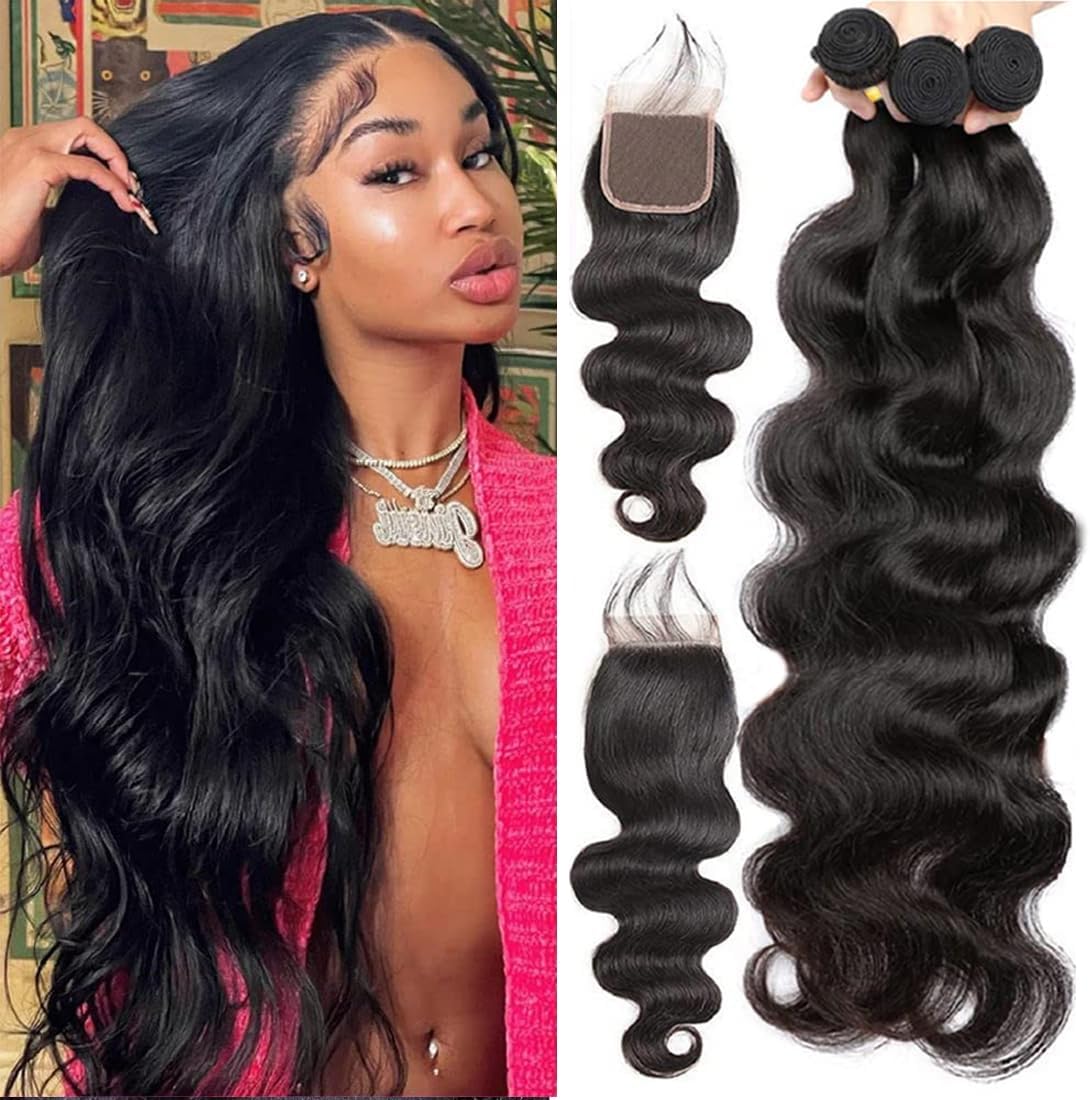 Weave Bundles Human Hair Body Wave Bundles with Closure (18 20 22+16) Human Hair Bundles with Lace Closure Brazilian Virgin Hair Bundles and Closure Natural Black Color