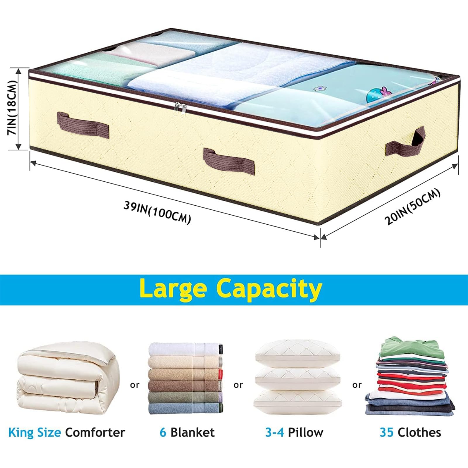 HMJGDZG 90 l Unterbett-Aufbewahrungsbehälter, Schrank-Organizer und Aufbewahrungsbehälter, Faltbare Unterbett-Aufbewahrungstaschen für Decken, Kleidung, Bettdecken, Pullover, Kissen, Leinenlaken,
