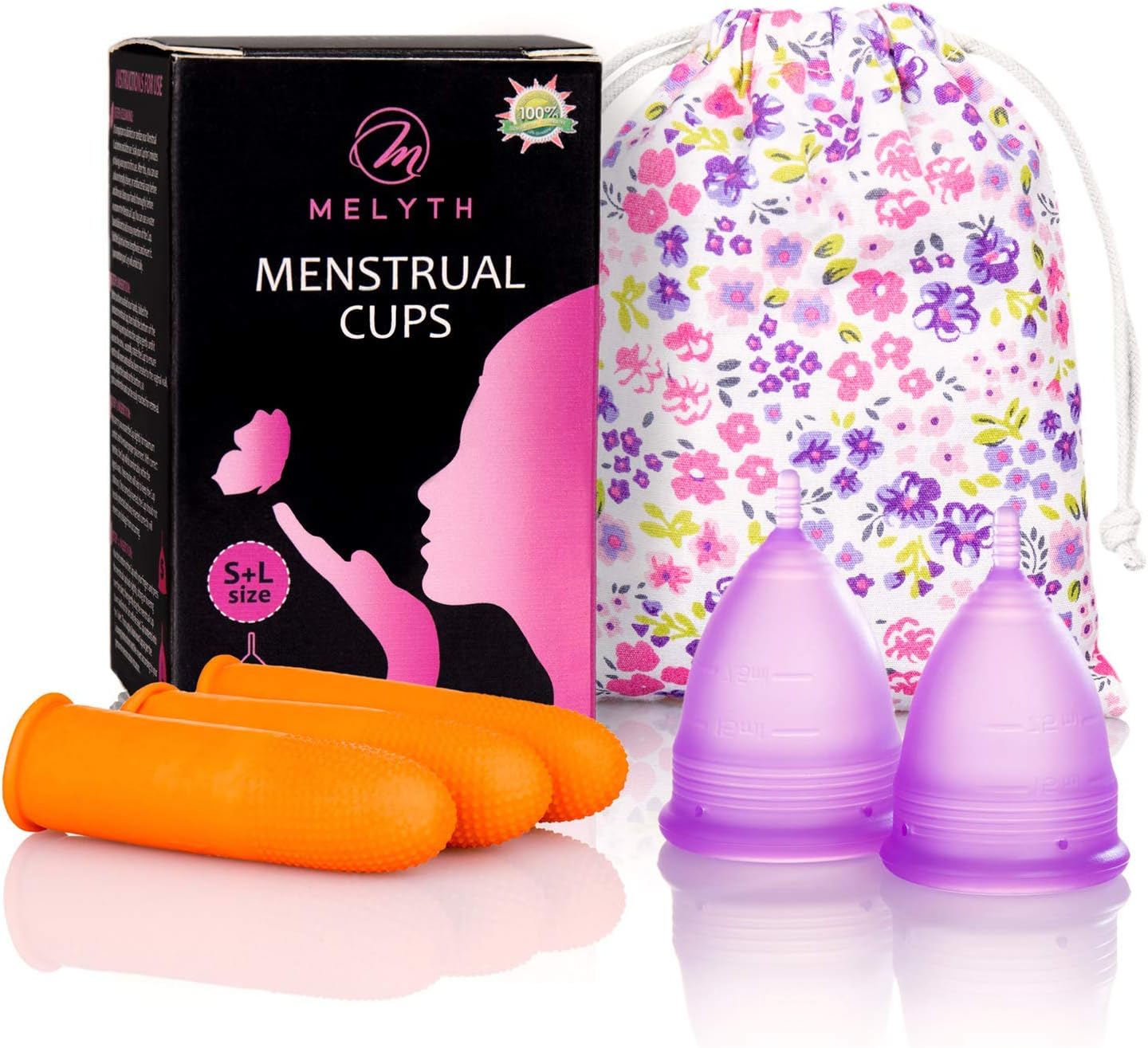 Melyth - 2 Pack of Reusable Menstrual Cups with Latex Finger Protection Sleeves and Carry Bag – Sanitary Cup Alternative to Tampons and Sanitary Towels – Easy to Use, Soft Period Cups in 2 Sizes