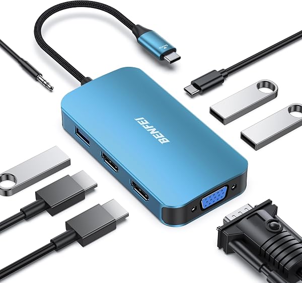 BENFEI USB C MST HUB 8 w 1 z USB-C na 2 x HDMI/1 x VGA, do 3 x USB 3.0/100 W Power Delivery/3,5 mm Aux Audio, kompatybilny z iPhone 15 Pro/Max, MacBook Pro 2023/2022/2021/2020, Surface Book i więcej
