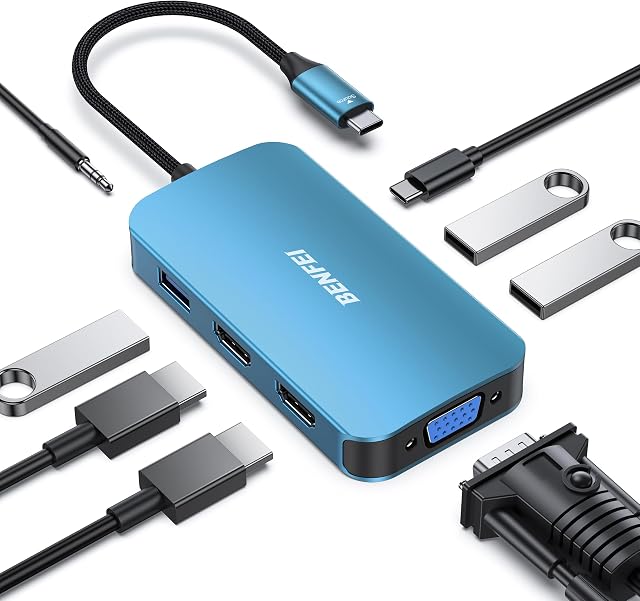 BENFEI USB C Station d'accueil, 8-in-1 USB C Hub avec double affichage triple HDMI, VGA, 3*USB 3.0, 100W Livraison d'électricité, 3.5mm AUX Audio Compatible avec MacBook Pro, XPS et plus encore