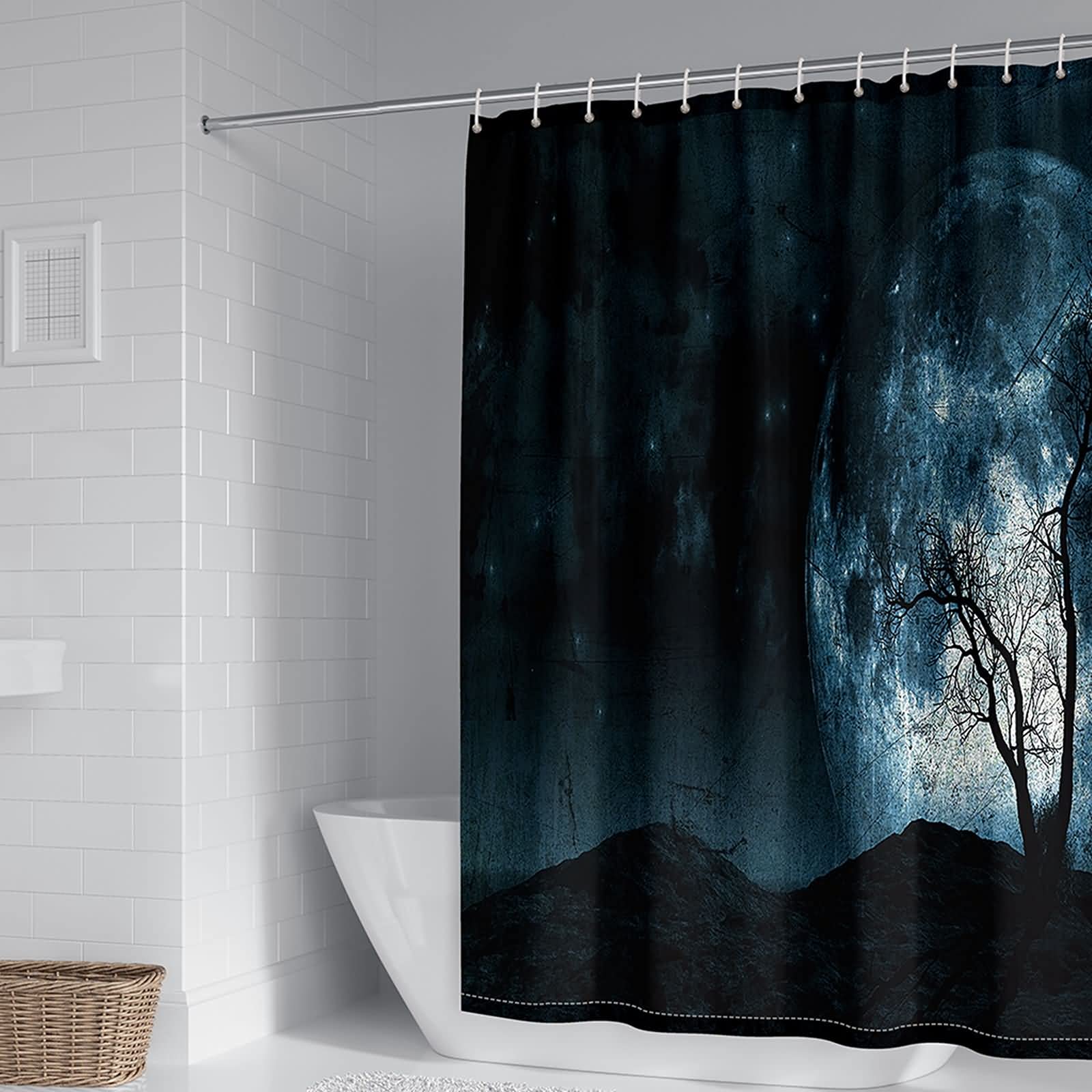 Rideau douche nuit lune arbre noir gris 120x180 polyester avec crochet