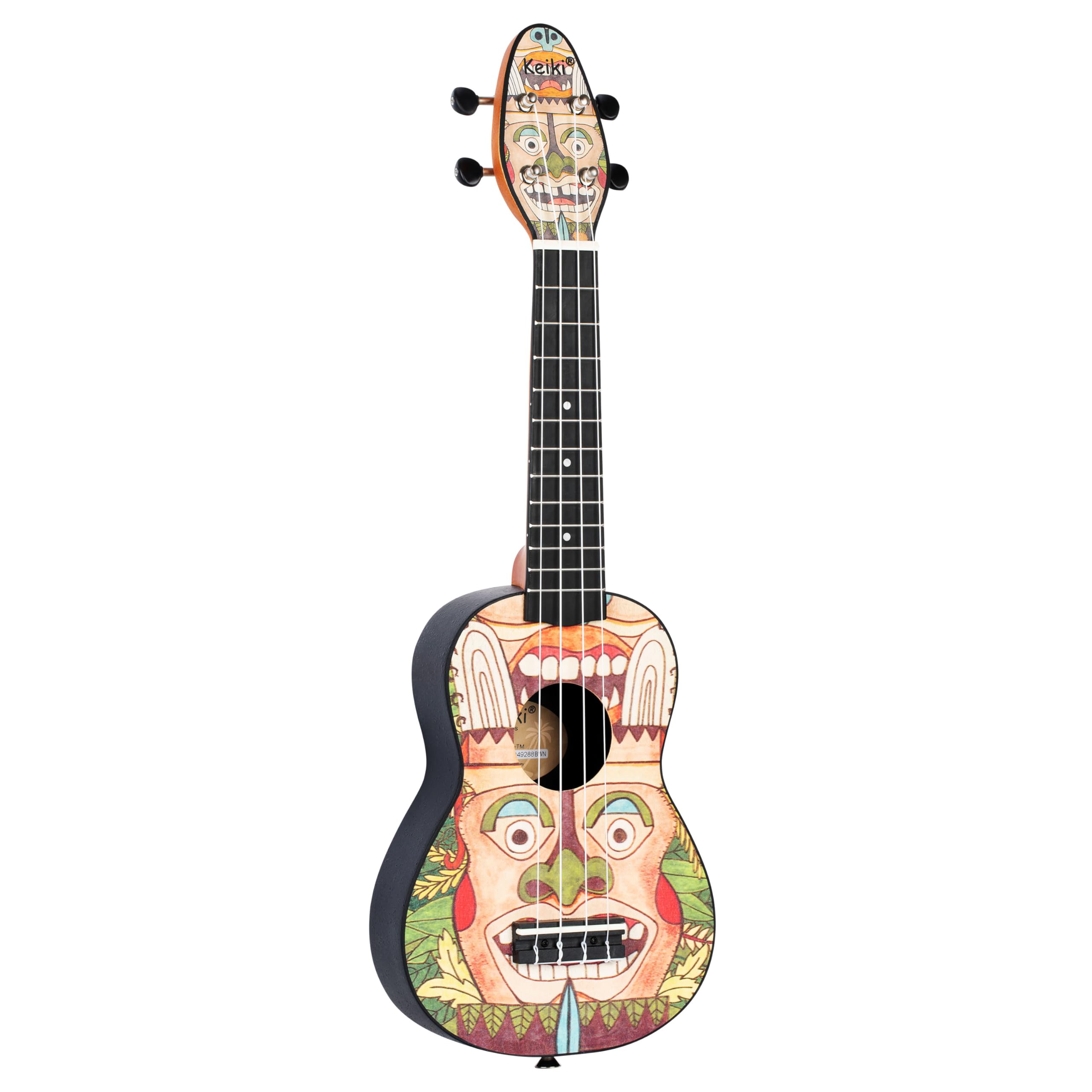 Ortega Guitars Ukelele Soprano - Keiki K2 con diseño Totem - incluye afinador, 5 puas de grosor medio y funda estilo bolsa con cuerdas con logo Keiki - madere de Kauri, K2-TM