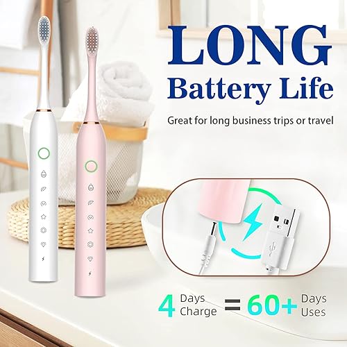 Miniatura 6 de FoodOMeter Paquete de 2 cepillos de dientes eléctricos sónicos blanqueadores con 8 cabezales de cepillo, 6 modos de limpieza y temporizador