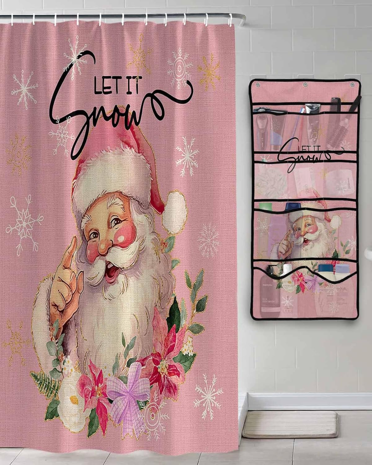 Shower Curtain Mesh Shower Organizer Hanging Set Christmas Cute Santa Claus with Snowflakes Pink Waterproof Shower Curtains with