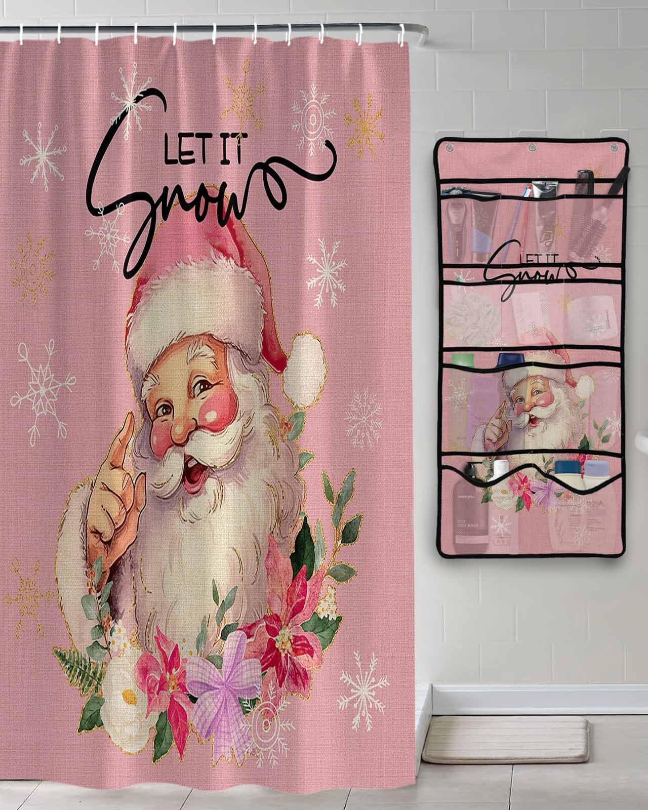Shower Curtain Mesh Shower Organizer Hanging Set Christmas Cute Santa Claus with Snowflakes Pink Waterproof Shower Curtains with