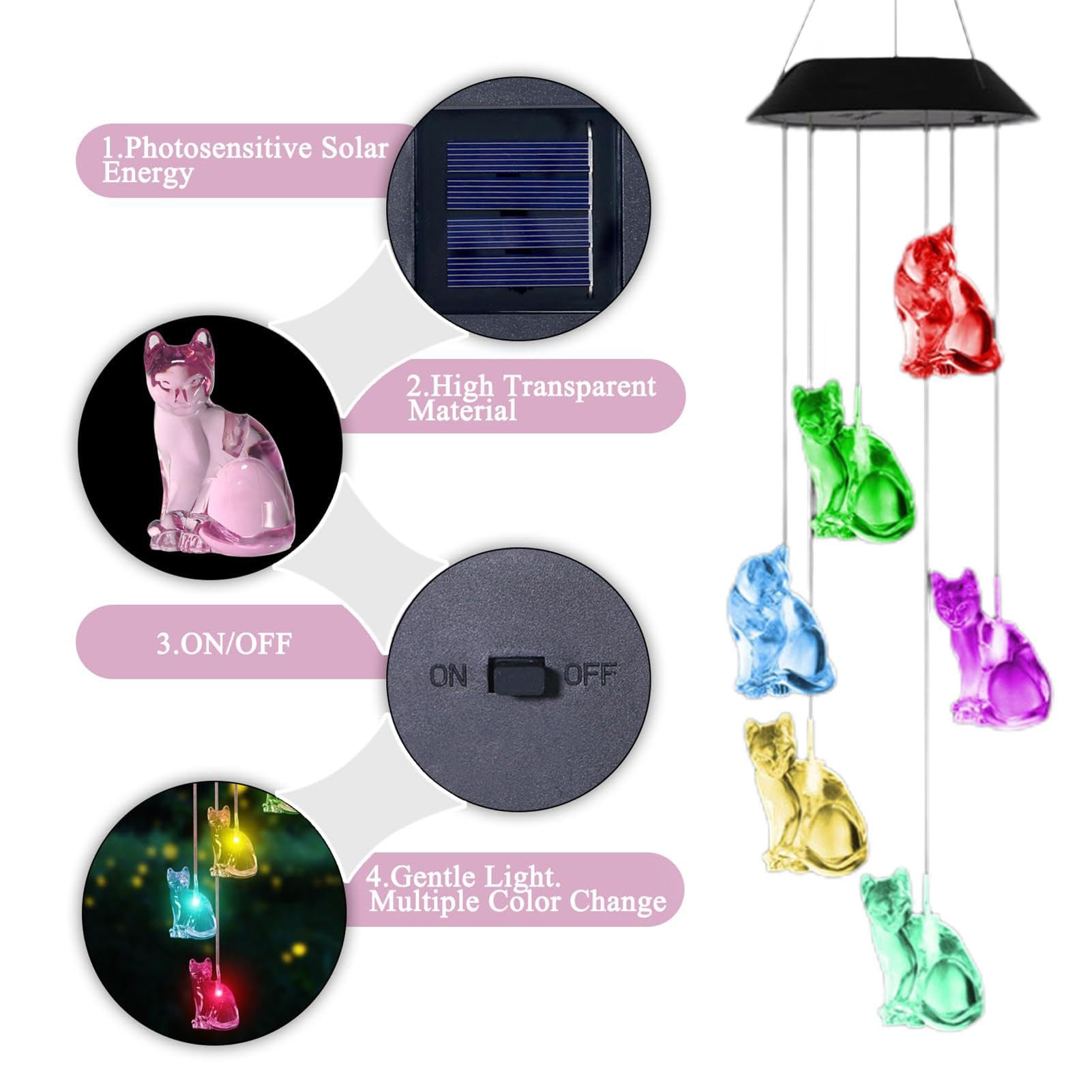 Carillon Éolien Solaire Chat LED – Imperméable à Changement De Couleurs | Décoration Extérieur Terrasse Jardin Balcon 75 Cm
